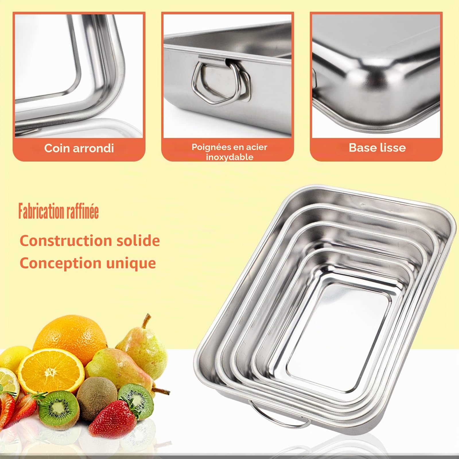 ROSSETTO Set de 4 Tailles Plat à four Inox Rectangulaire avec Poignées Plat de cuisson en Acier Inoxydable Bac de Cuisson en INOX Plat à Lasagne