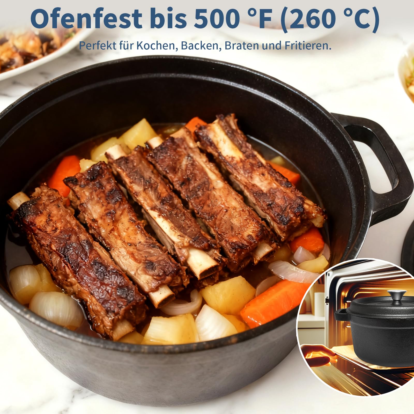 Cocotte en fonte - 26 cm - 5,1 l - Avec couvercle - Induction - Pour la cuisine - Noir