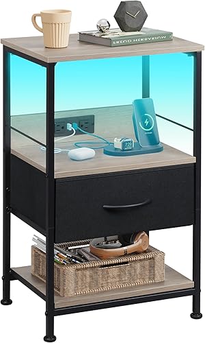 Vista 22 de WLIVE Mesita de noche blanca, mesita de noche con cajón de almacenamiento de tela y estante de madera abierto, mesa auxiliar lateral pequeña, mesita