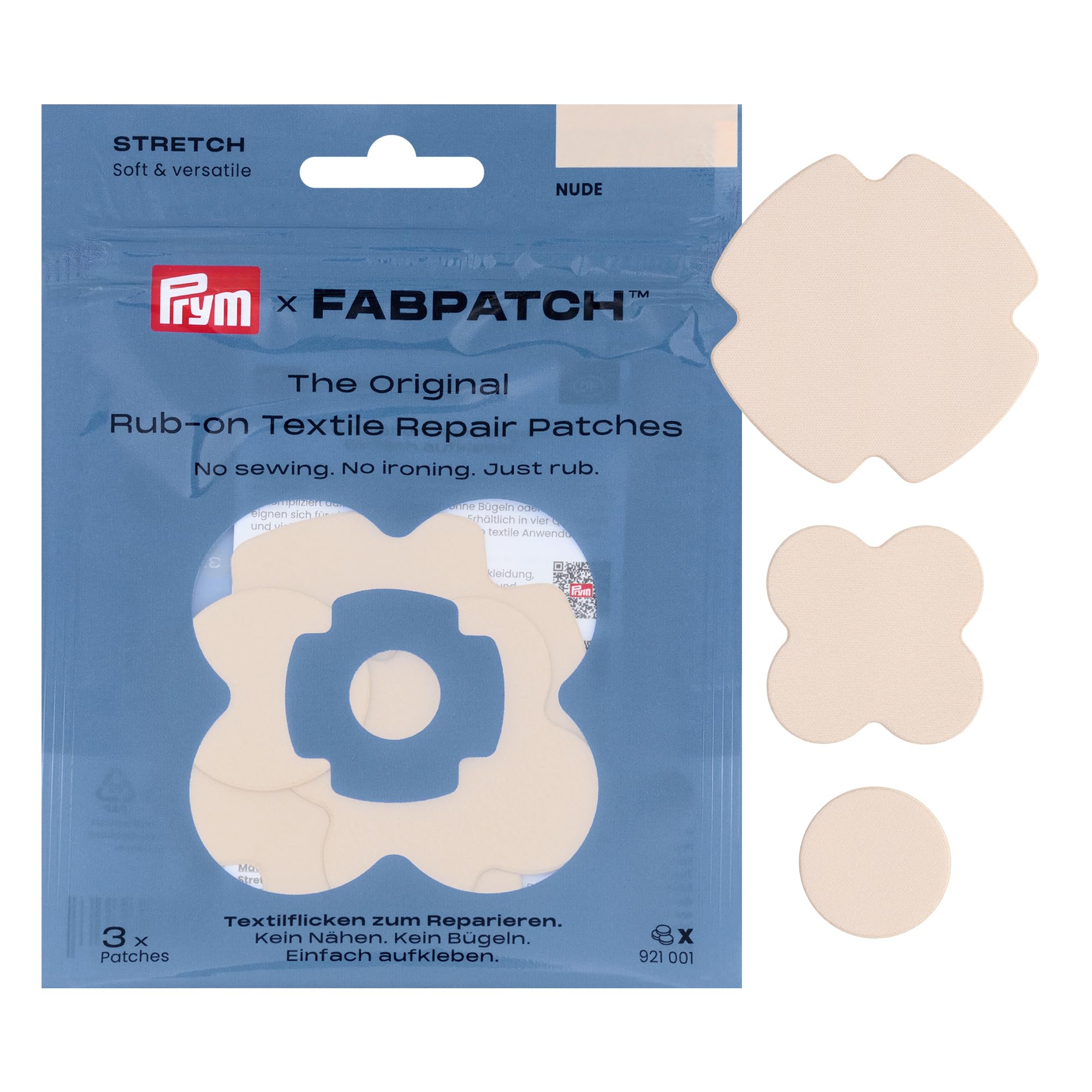 Prym 921001 FabPatch Stretch Rub-on Patch Beige (Pack of 3) - Self-Adhesive Bi-Elastic Repair Patches for Sportswear, Leggings, Jackets & Trainers - Textile Repair Without Sewing & Ironing