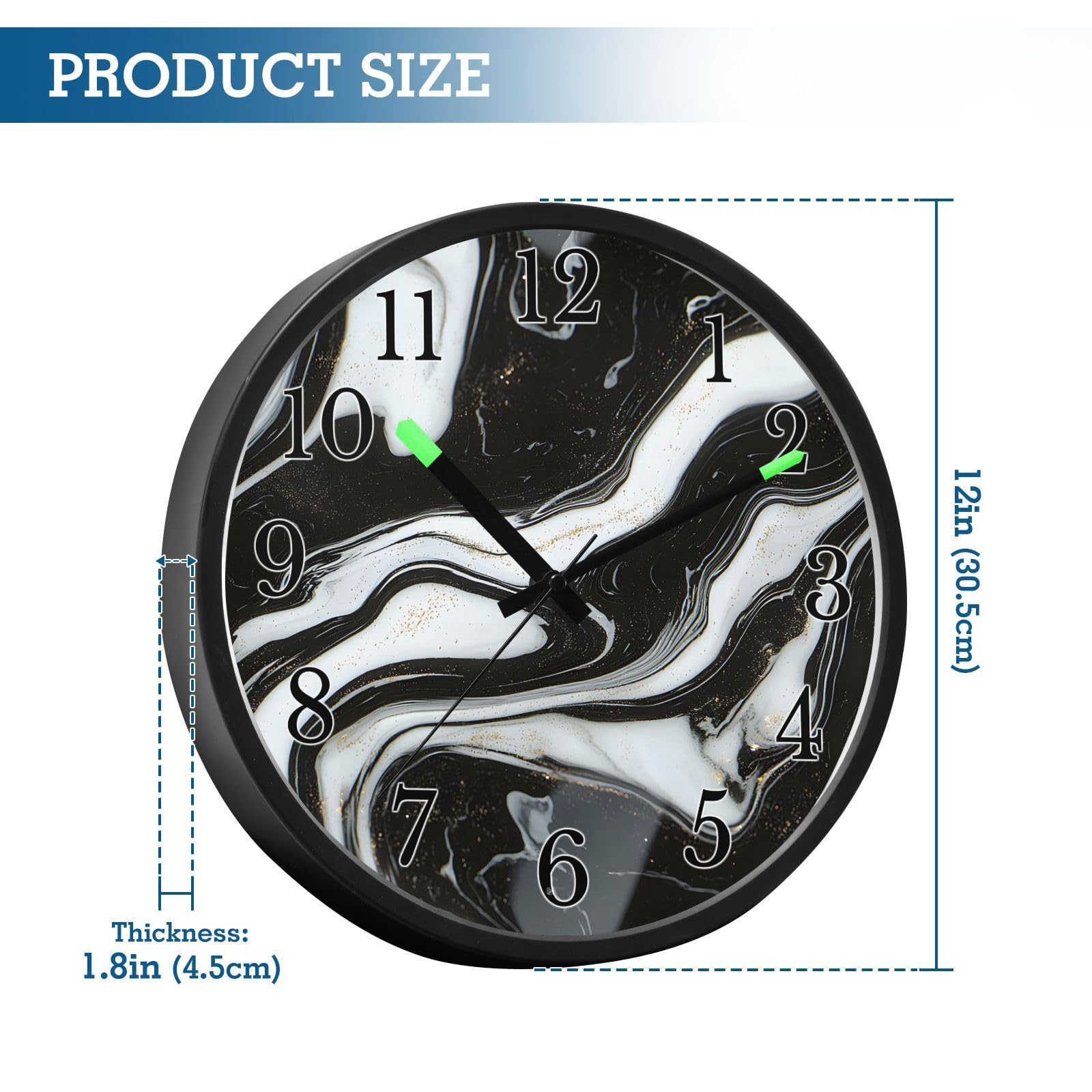 Mnsruu Reloj de pared luminoso de mármol blanco y negro, reloj de pared que brilla en la oscuridad, funciona con pilas, reloj de luz nocturna silencioso sin tictac para dormitorio