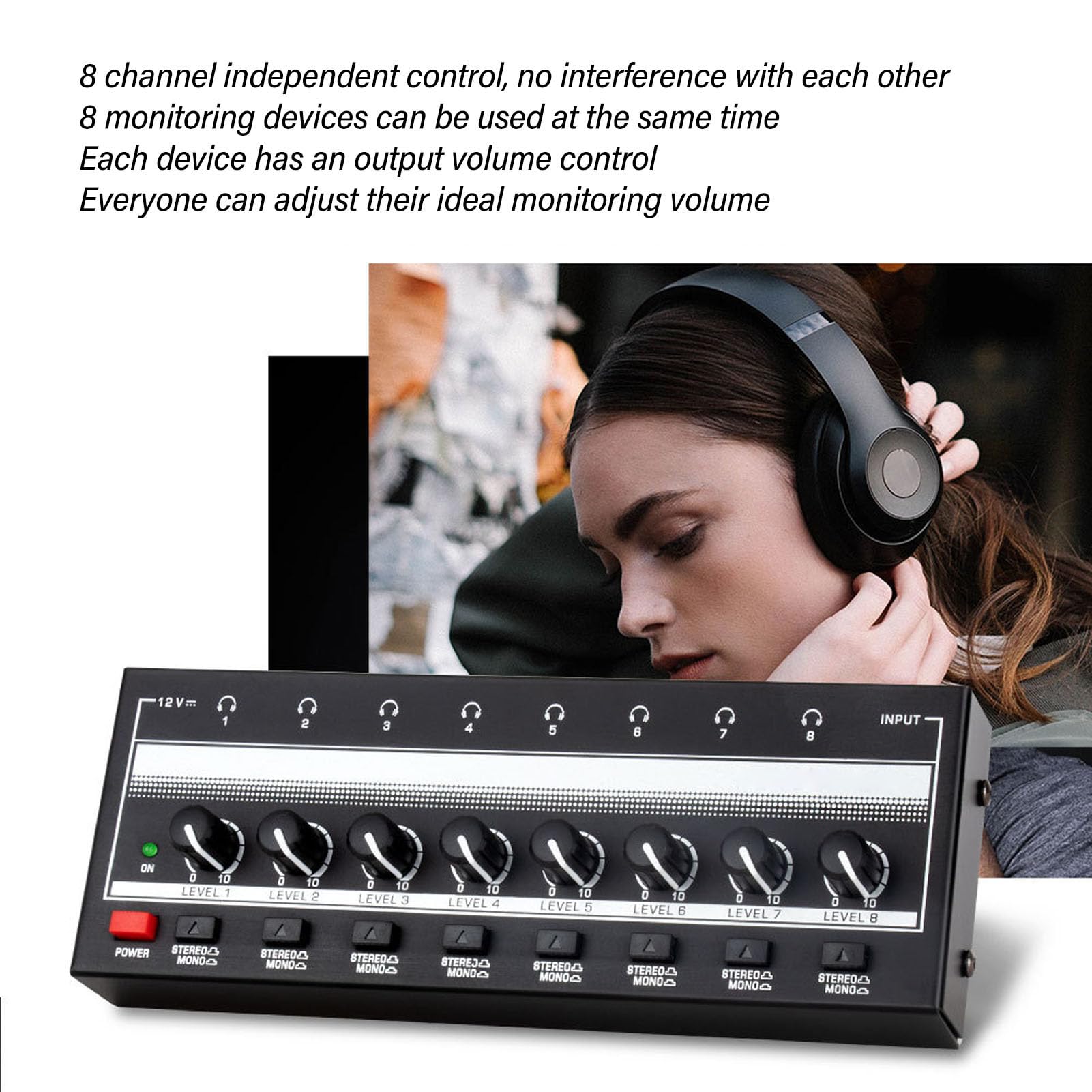 Amplificador de Auriculares Estéreo de 8 Canales, Amplificador de Auriculares Estéreo de 8 Salidas y 1 Entrada Amplificador de Auriculares de Compacto para (Enchufe Europeo