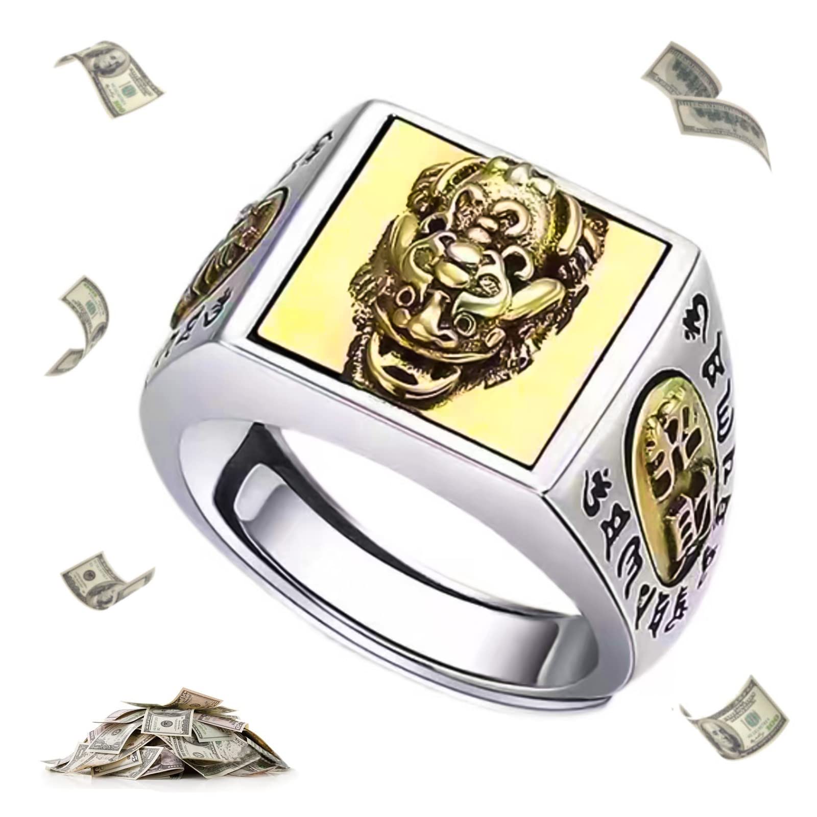 Feng Shui Pixiu Mantra Anillo, Adjustable Wealth Protection Good Luck Money Amulet, Buddhist Wide Surface Ring