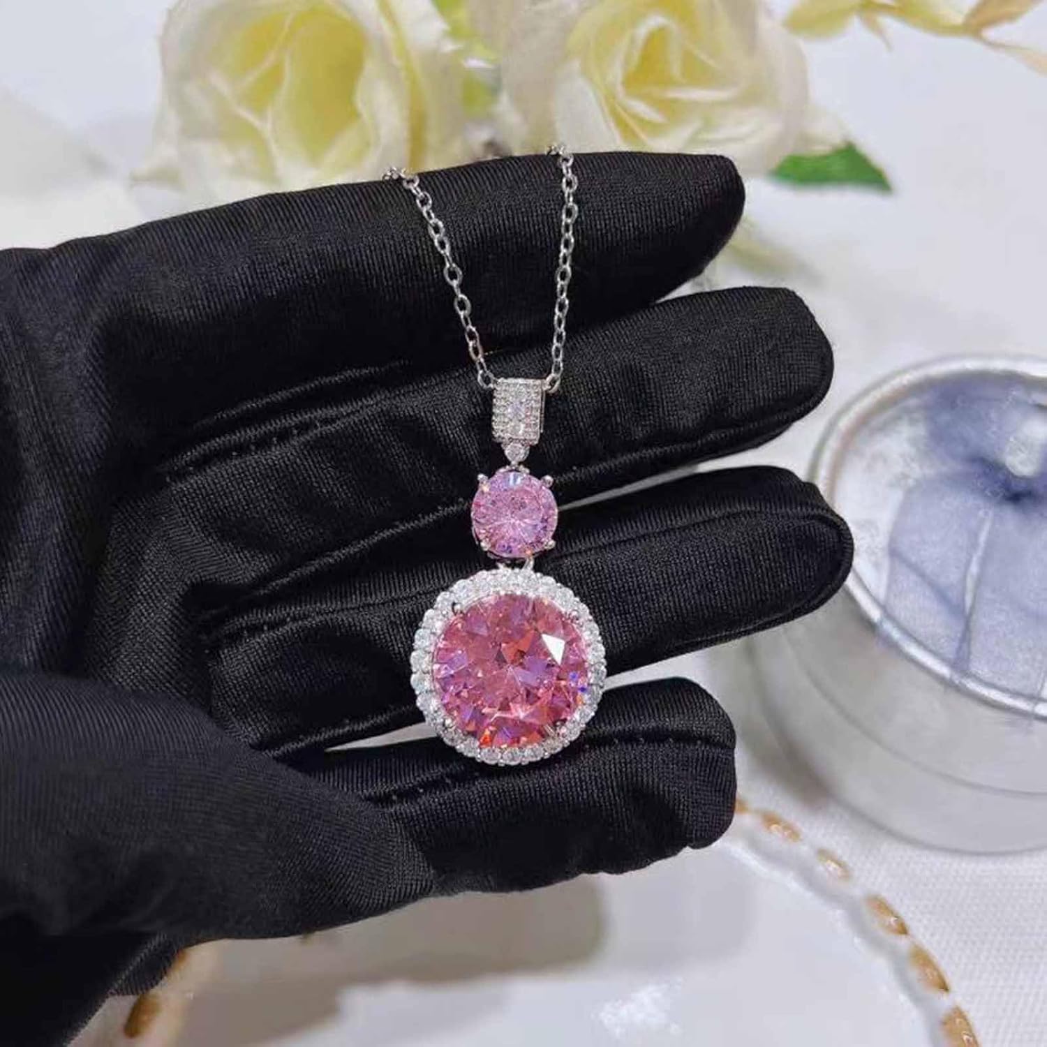 YienDoo Funky Pink Crystal Choker Necklaces Dainty Round Crystal Pendant Necklace Pink Rhinestone Necklace Chain Silver Boho Statement Sparkly Birthstone Necklace Jewelry for Women - Image 7