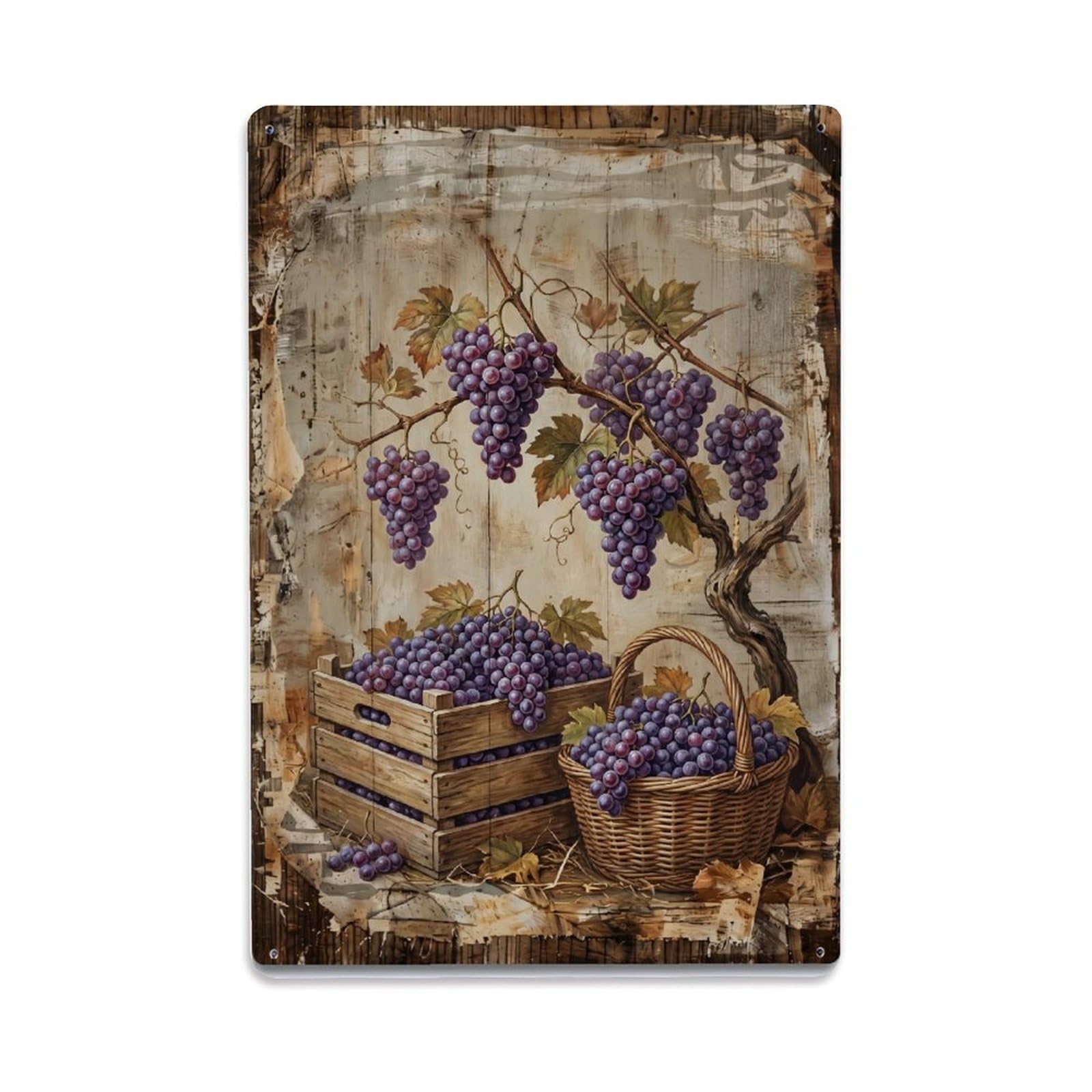Grape Vineyard Harvest Purple Fruit Countryside Vine Metal Tin Sign Plaque Wall Decor for Cafe, Club Bar, Office, Home Garden Metal Poster 8x12Inch