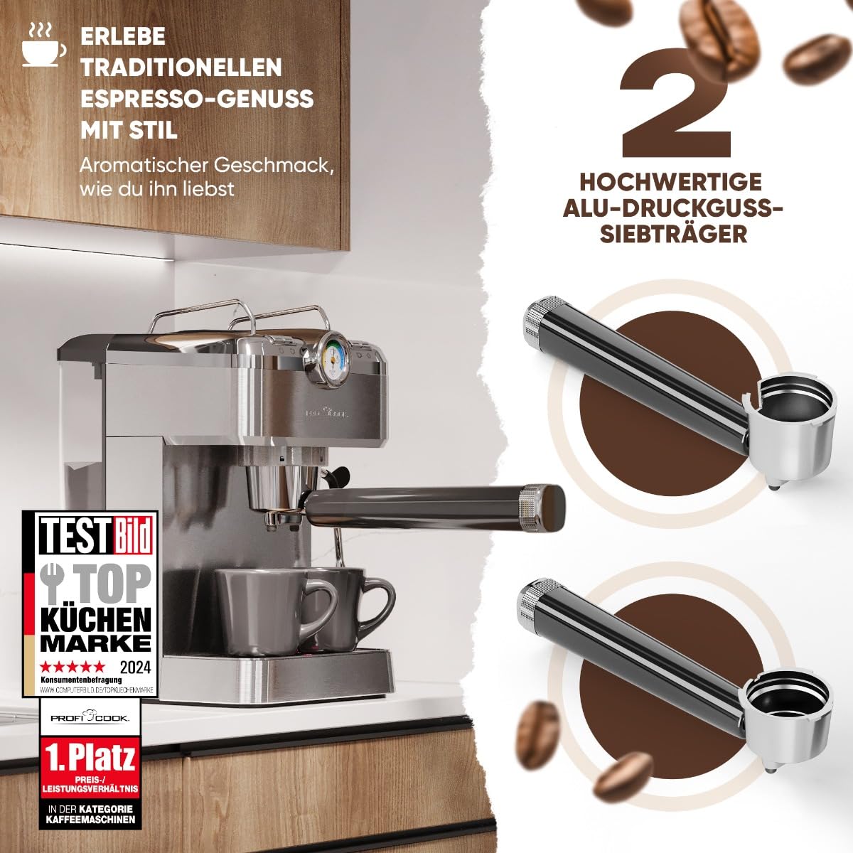 ProfiCook Espressomaschine | Espressoautomat inkl. Siebträger | italienische Profi-Espressopumpe 20 bar | für Kaffeepulver und Nespresso kompatible Kapseln | Kaffeemaschine Siebträger | PC ES 1267