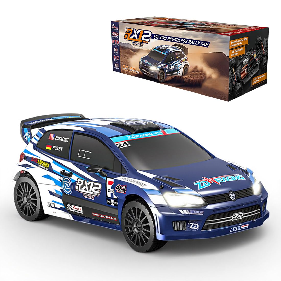 Palapozzy ZD Racing RX12 1/12 Scale RC Brushless Rally Car, 2.4G 4WD 55KM/H High Speed Remote Control Cars for Adults, Trendy RC Car Christmas Birthday Gifts Toy (Blue)