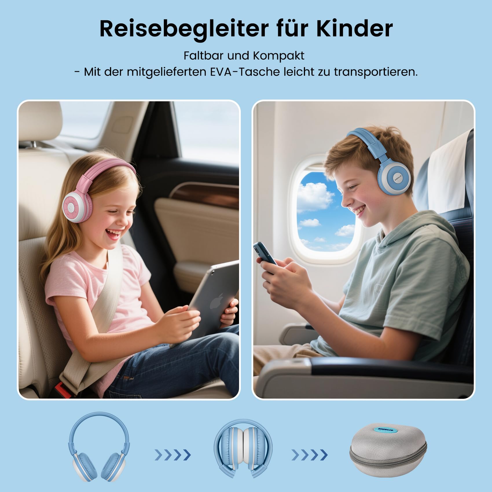 SIMOLIO AuraCast Bluetooth Kopfhörer Kinder, Gemeinsames Kabelloses Audio-Sharing, Kompatibel mit Jedem Einzelnen Bluetooth-Gerät für Familie, Unterricht & Reisen, mit Integriertem Mikrofon, Klappbar