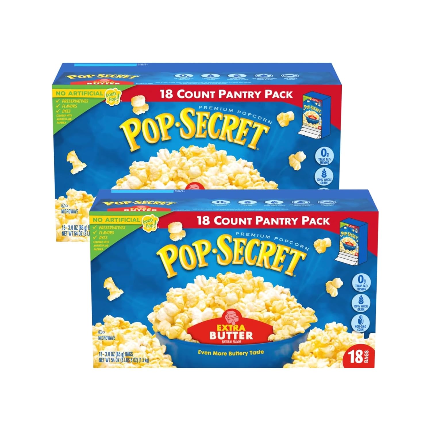 Pop Secret Extra Butter Microwave Popcorn 18ct (3.2oz Bags), 54oz Box (Pack of 2) - Microwave Popcorn, Non-GMO Popcorn, Extra Buttery Popcorn