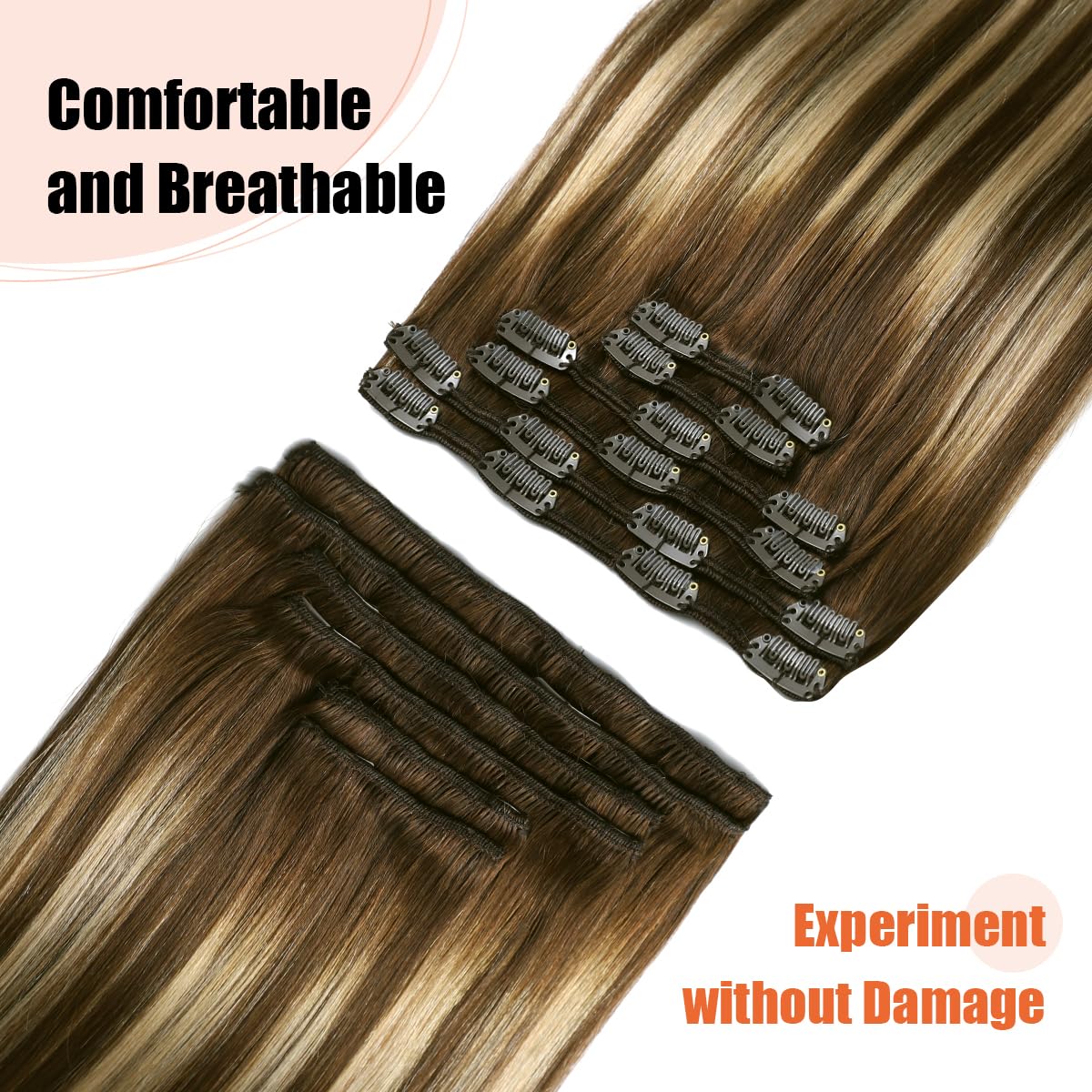 XDhair Extension Capelli Veri Clip Dal castano cioccolato al biondo caramello 45cm 120g 6pcs Extension Clip Capelli Veri Lisci Extension Clip in Human Hair (C#4/27/4-18)