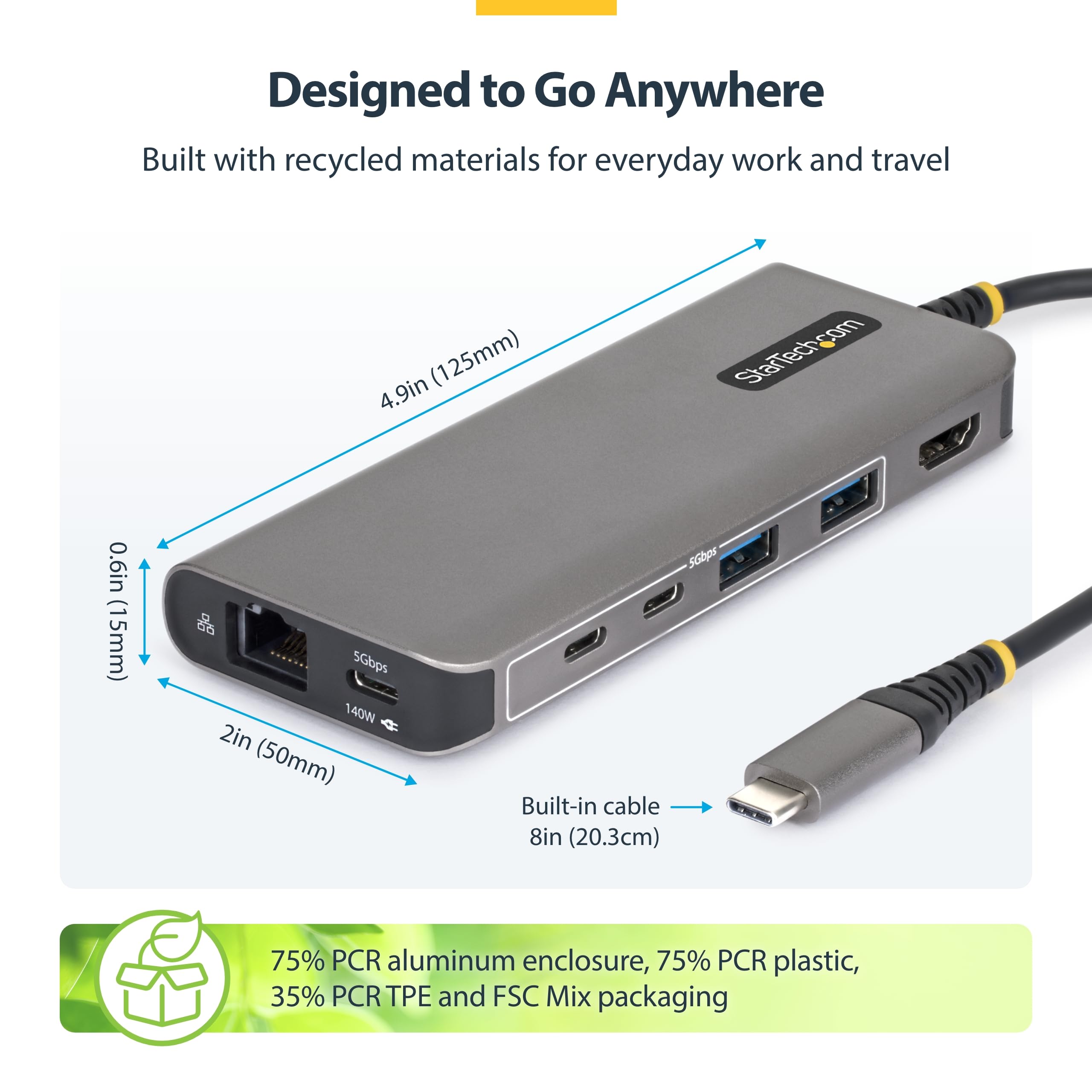 StarTech Hub USB-C 7-in-1 HDMI 4K 60Hz, 5 Porte 5Gbps, 140W PD, GbE