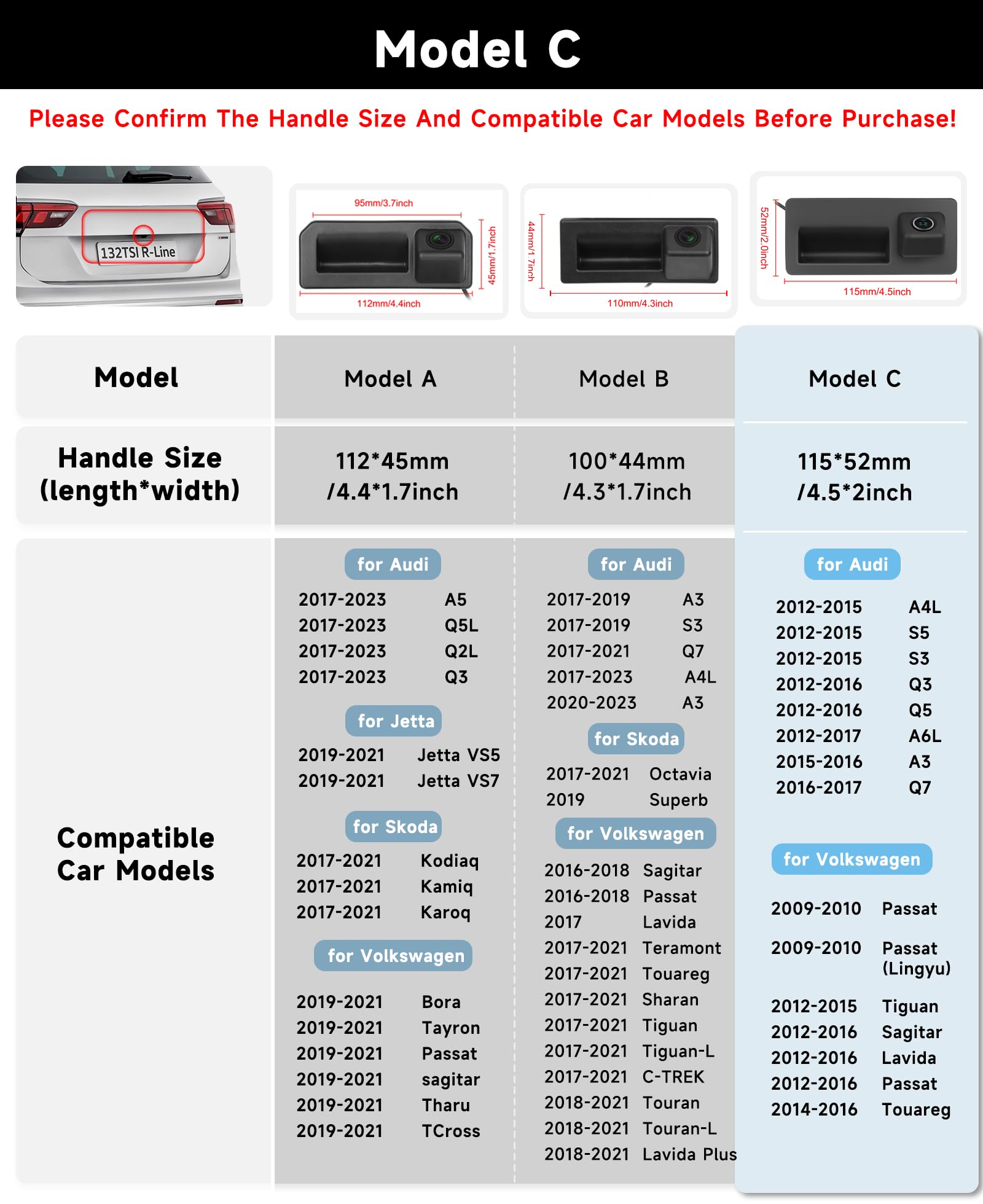 Hodozzy 170 Grad Rückfahrkamera für VW/Audi, AHD&CVBS IP67 wasserdichte Nachtsicht Auto Kofferraumgriff Rückfahrkamera für Auto für Tiguan Passat Sagitar für Audi A6L A5 A4L Q7