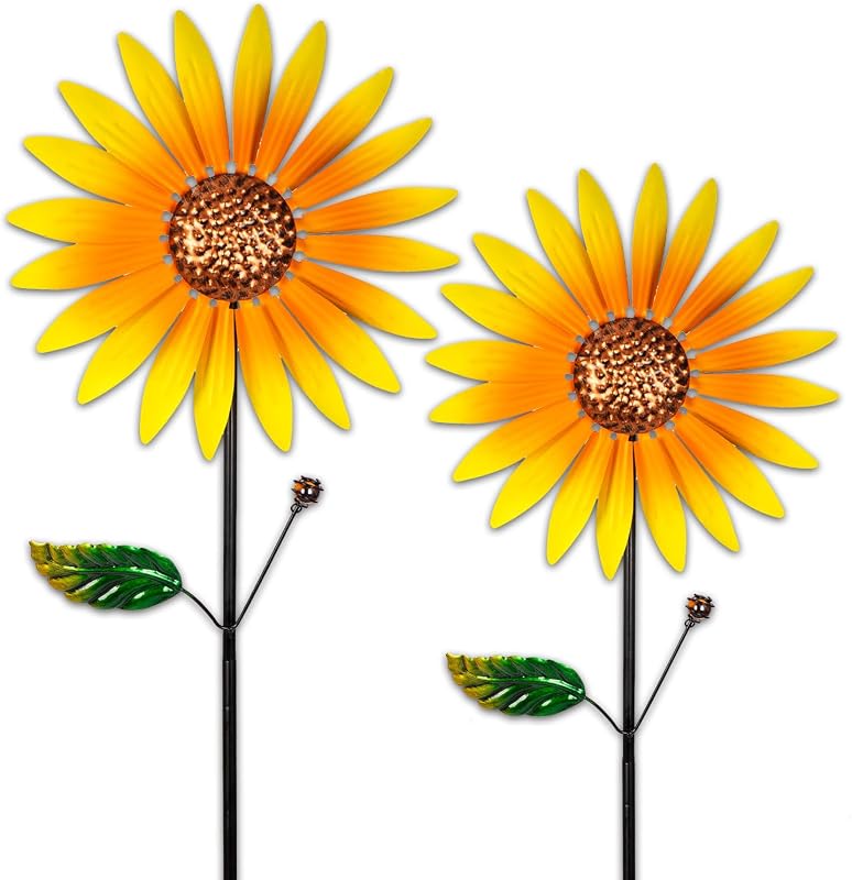2 Pack Sunflower Wind Spinners/Pinwheels for Yard Garden, Outdoor Decor | Sturdy Metal Sunflower Lawn Art, Easy To Install On Patios Or Pathways, Ideal Gift For Garden Lovers