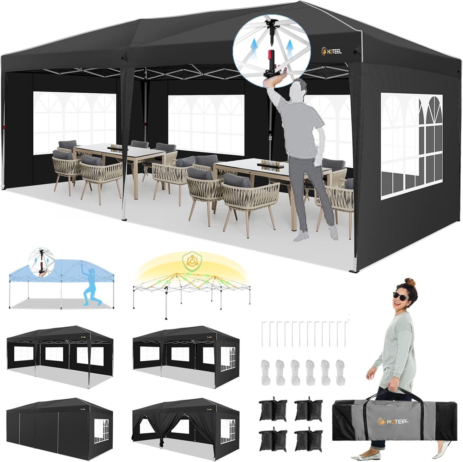 hoteel 10x20 pop up canopy with 6 sidewalls, one push instant setup outdoor canopy tent with reinforce rod, weight bag, for parties, events, black