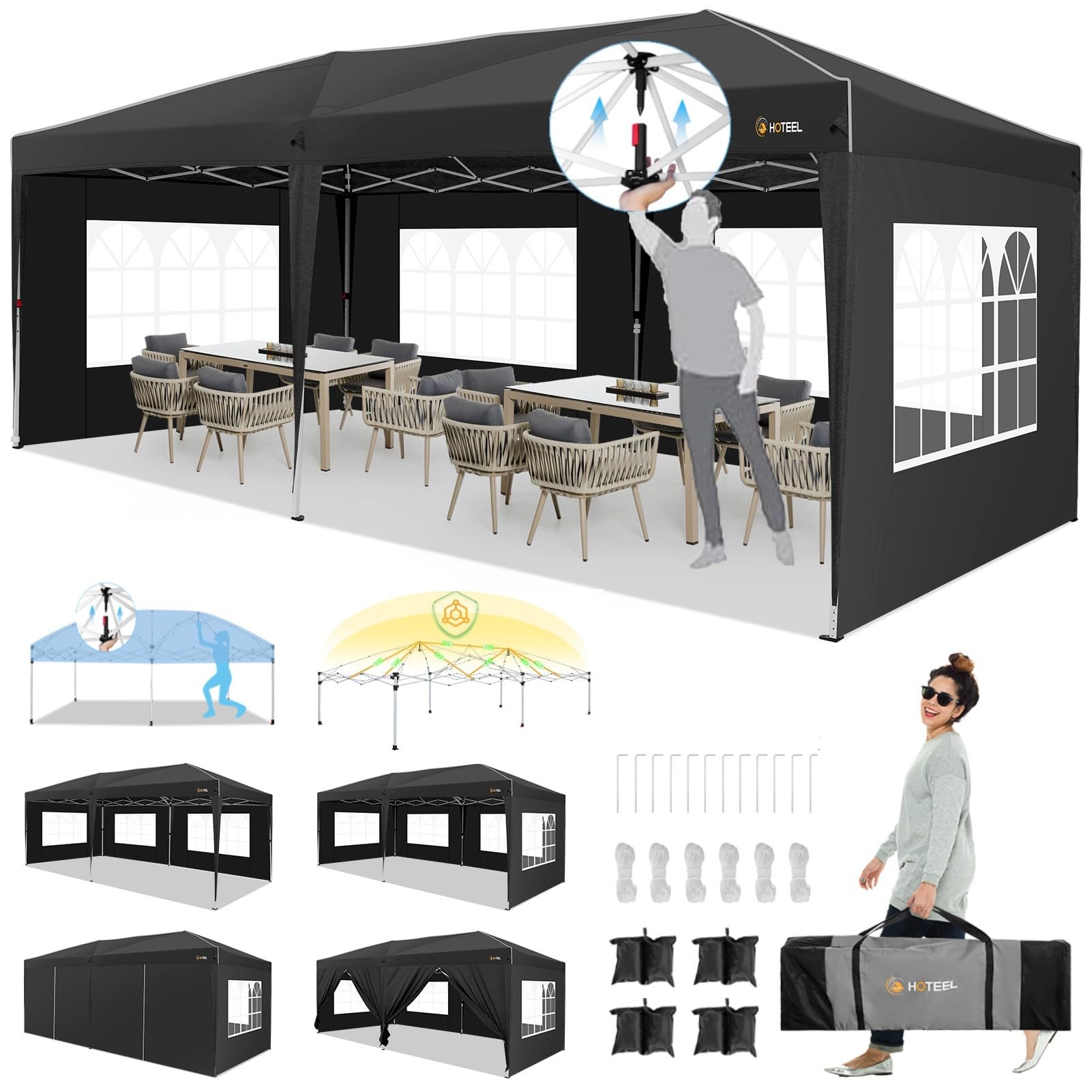 HOTEEL 10x20 Pop up Canopy with Sidewalls, One Push Outdoor Tents for Parties Waterproof Canopy Tent with Reinforce Rod,Easy Setup Event Tent with Sandbag for Backyard,Camping,Market,Black