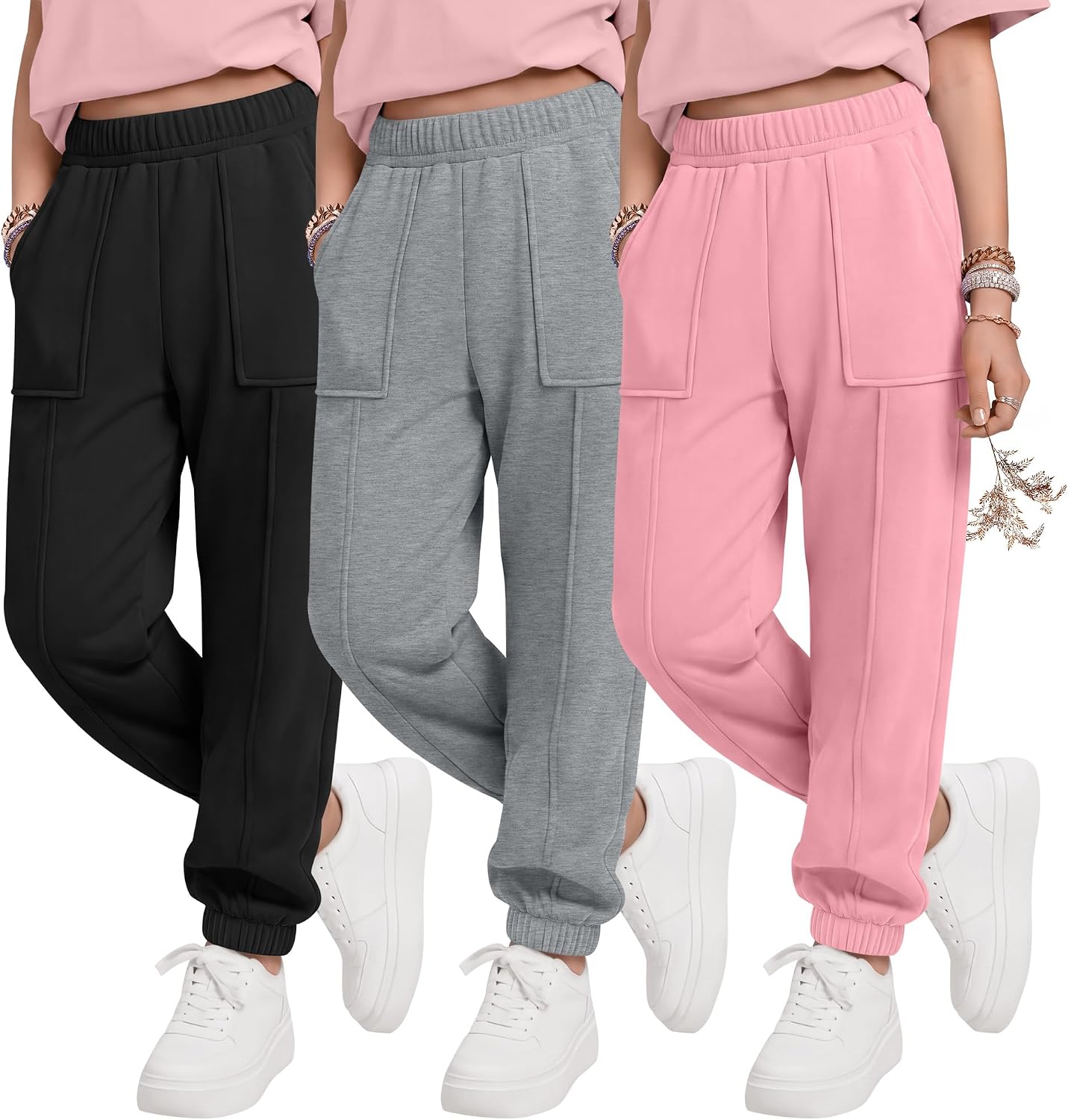Halfchet 3 Pack Girls' Sweatpants Joggers Kids School Athletic Running Pants Teens Casual Sweat Pants with Pockets