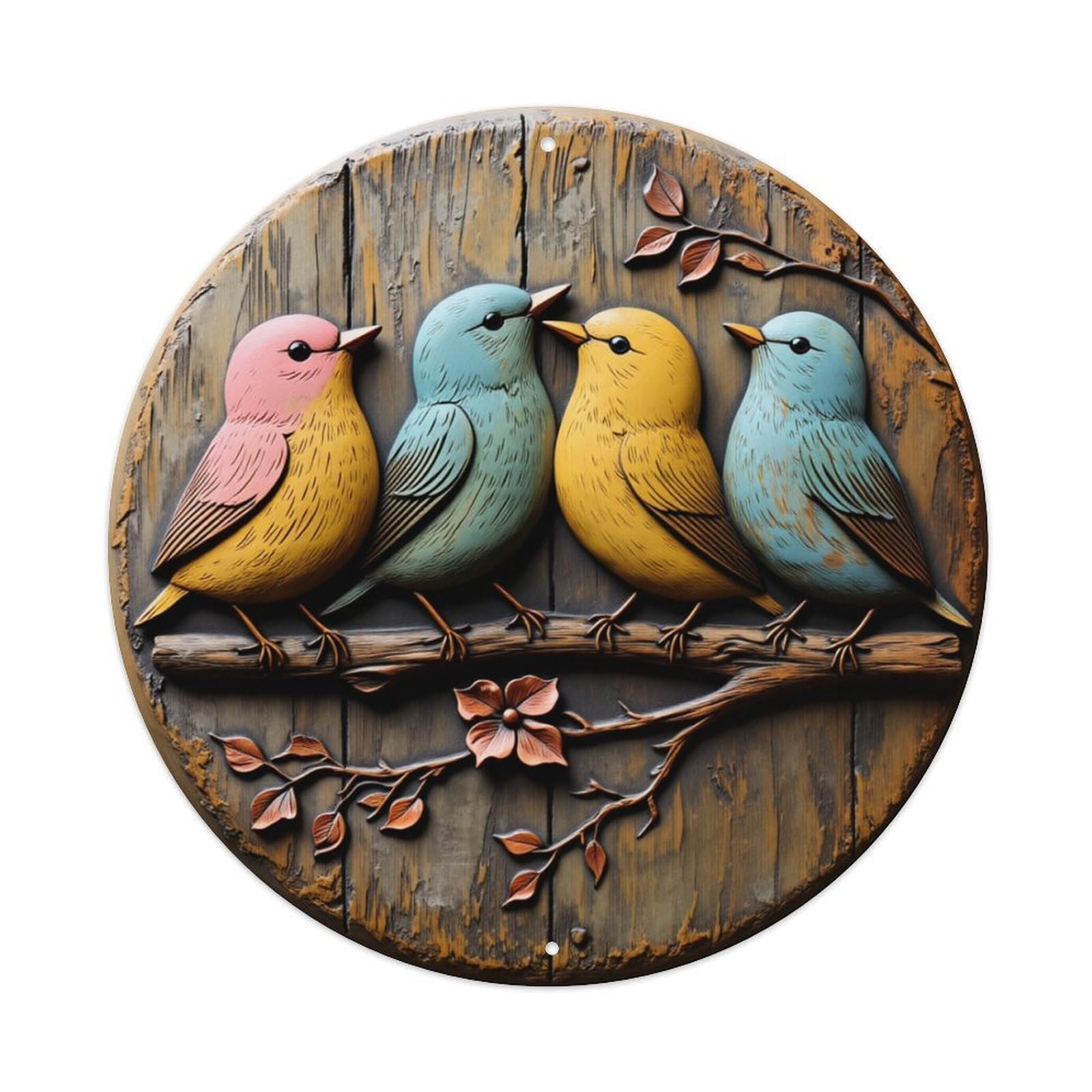 Colorful Birds On Branch Wood Round Tin Sign Retro Metal Sign for Cafe Bar Pub Home Game Room Gym Club Wall Decoration Vintage Metal Poster 8x8 Inch