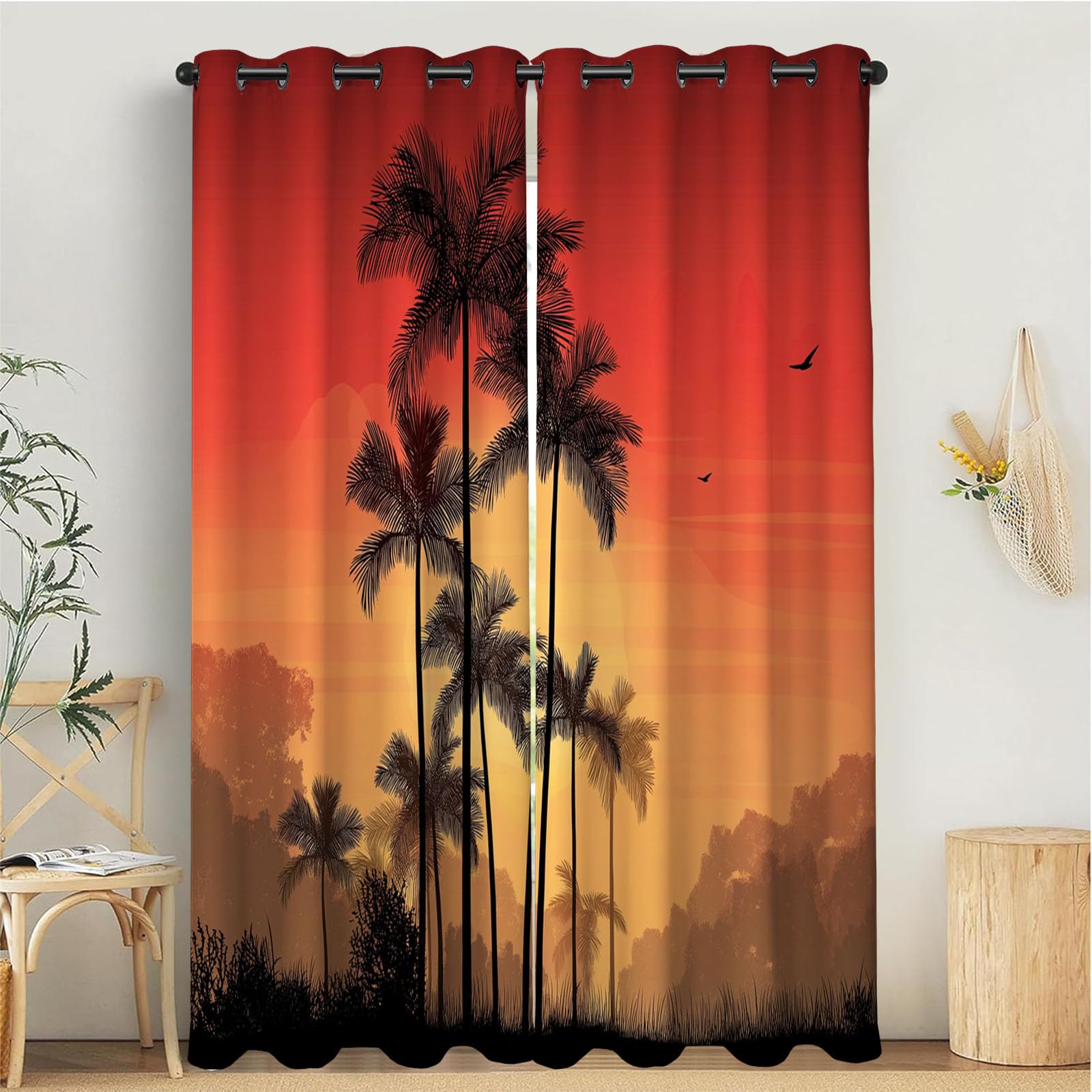 Rideau à oeillets pour chambre salon au motif ciel palmiers rouge orange occultant