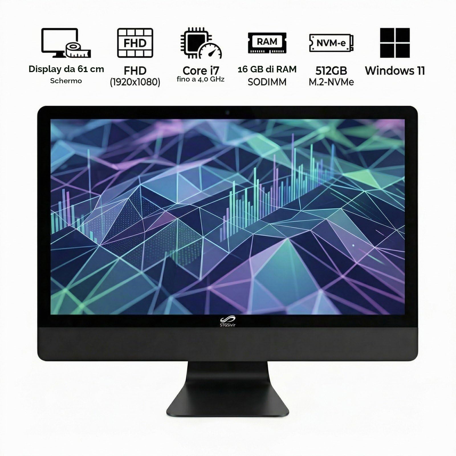 STGSivir PC All in One, Display FHD da 24", Core i7, 16G RAM, 512G SSD | All in One PC, WiFi, BT 5.0, Webcam, Win11 Pro, Noir, AIO per Casa e Ufficio