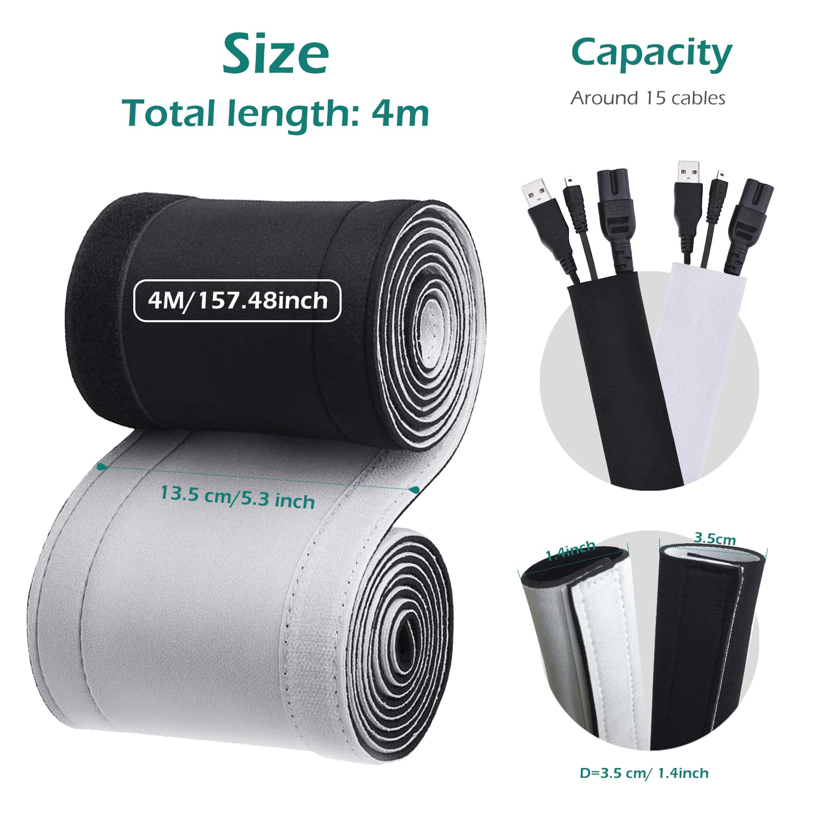 Organizar Cables 4m, GeeRic Neopreno Flexible Funda para Manejo De Cables, Impermeable, DIY Cortable y Ajustable, Protector de Cable para Escritorio, Oficina, Mesa, TV.