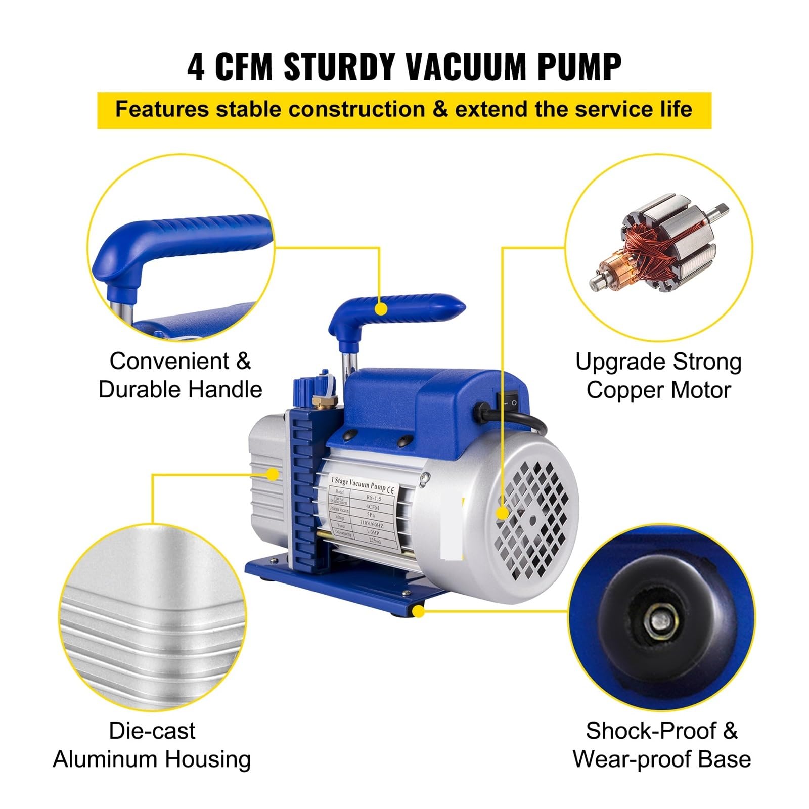 Vakuumpumpe, Vakuumpumpe, 4CFM 1/3 PS HVAC-Kältemittel-Vakuumpumpenkühlung mit Vakuumkammer-Entgasungsset for Haushaltsklimaanlagen