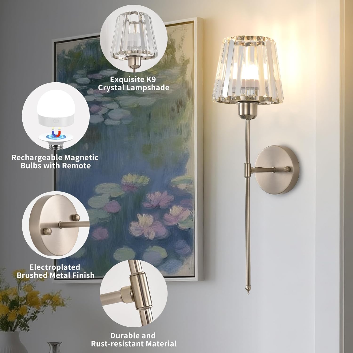 Battery Operated Crystal Wall Sconce Set of 2, Brushed Nickel Wireless Wall Light with Remote Control, LED Dimmable 15 Colors USB Rechargeable Light Bulbs Wall Lamp for Bedroom Living Room Hallway