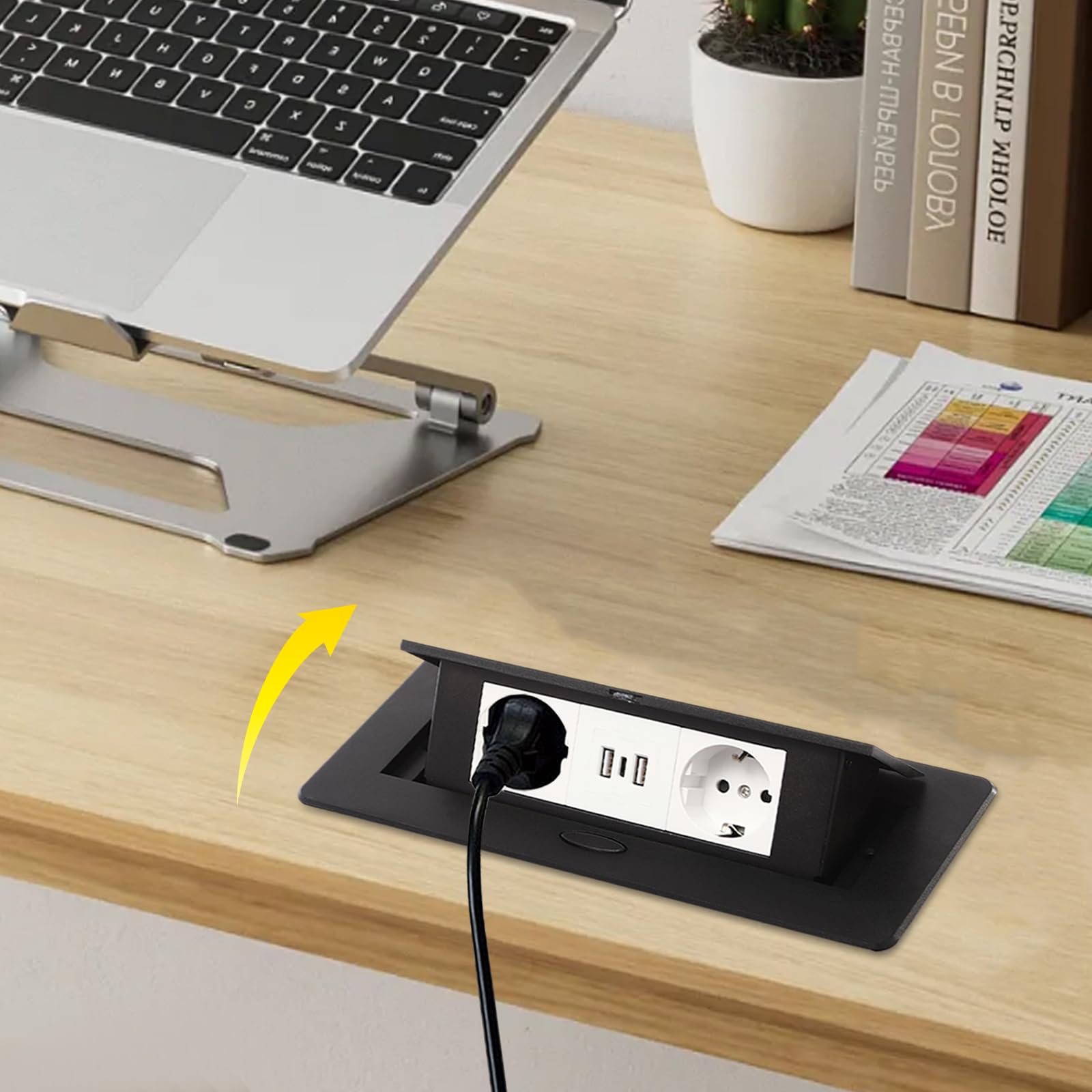 Pop-up Steckdosenleiste mit Netzkabel – EU Norm, USB + Type-C Ports, Schwarz, Kompakt stabil, Überlastungsschutz, Powerstrip für Home Office & Reise, sicherer Energielieferant