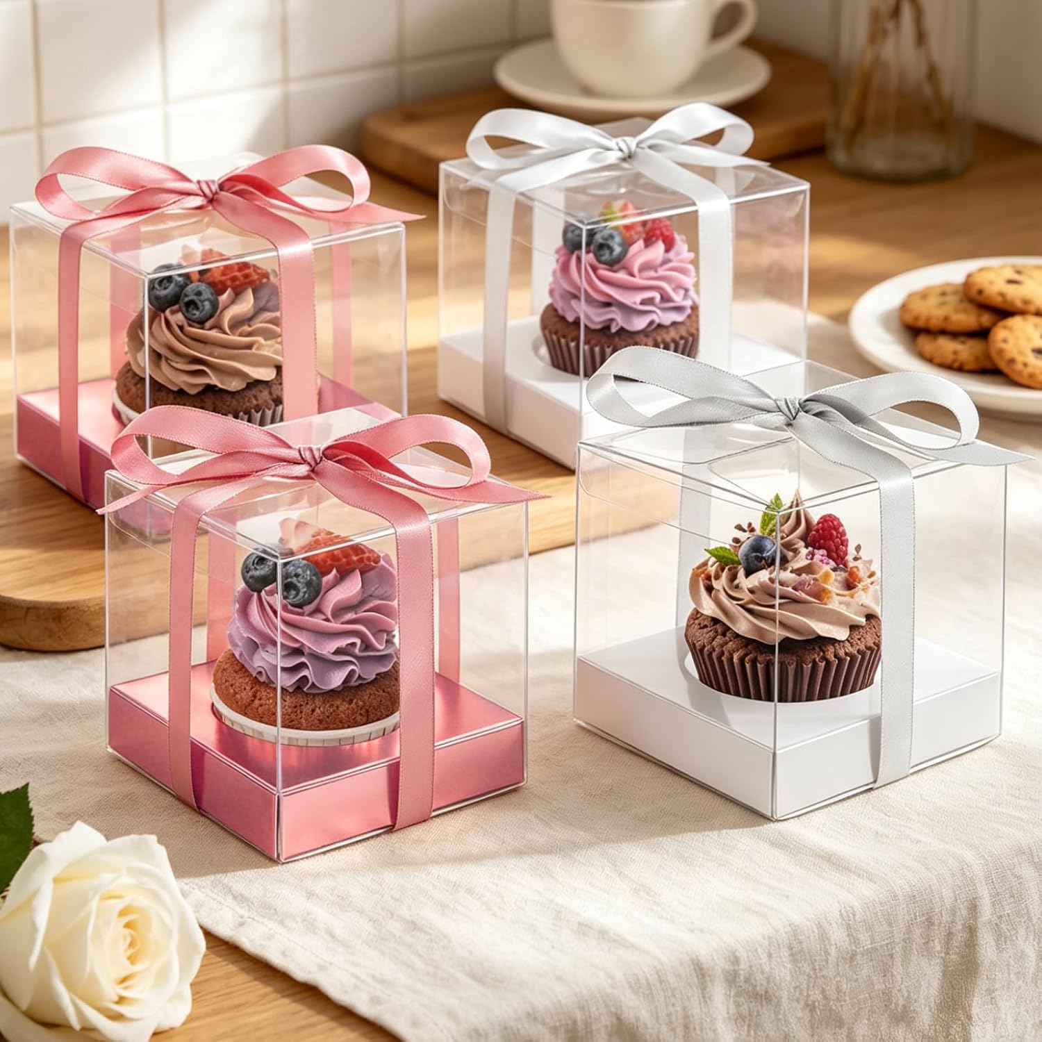 100 Pcs 3.5 Inch Clear Cupcake Boxes, Individual Clear Cupcake Containers with Ribbon and Inserts, Single Plastic Cupcakes Holders for Cake Bakery, Party Present (Rose Gold and White)