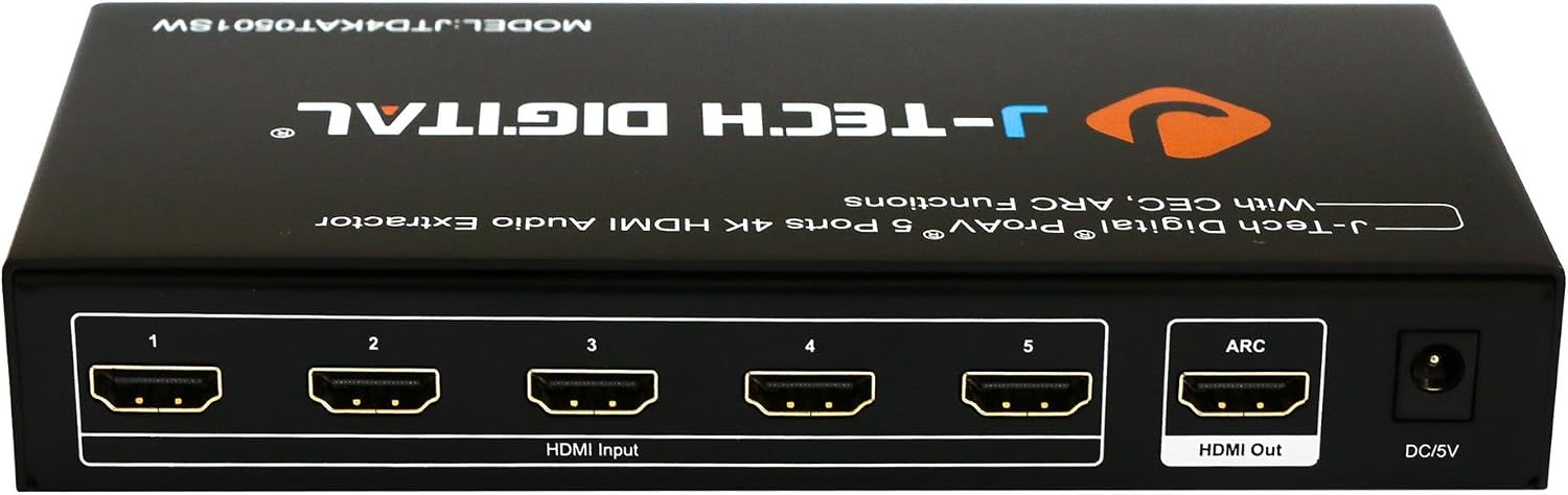 J-Tech Digital ® 5 Port HDMI Switch & Audio Extractor SPDIF Jack Stereo Outputs with Ultra HD 4K ARC EDID Setting with Control4 Driver Available (5x1 Ultra HD)