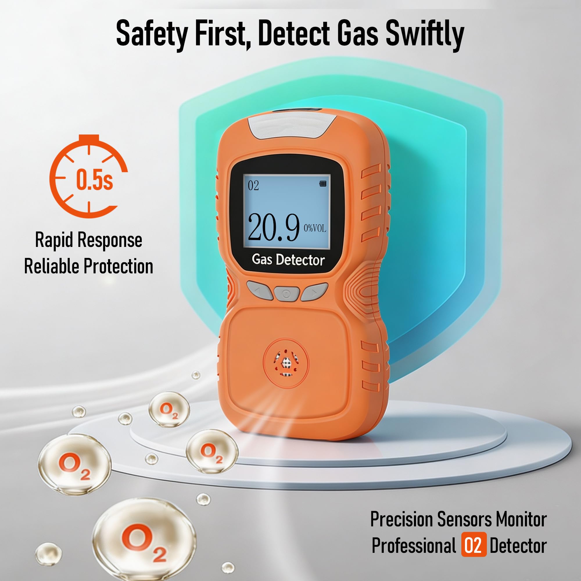 Detector de oxígeno portátil, monitor de gas 0-30% VOL O2, respuesta rápida de 0,5 s, medidor de oxígeno recargable con alarmas de vibración, luz y sonido, a prueba de polvo y explosiones (naranja)