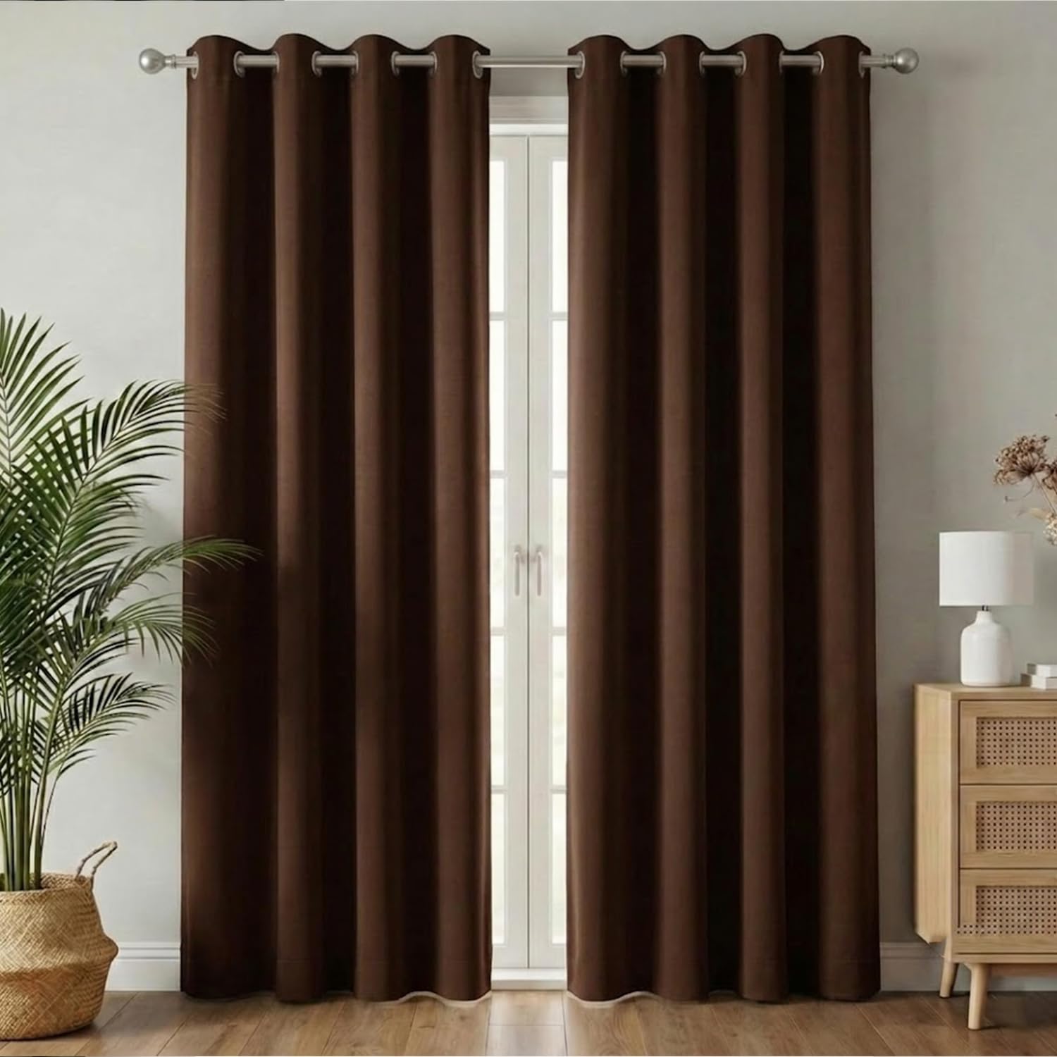 100% Blackout Window Curtains, 7 Feet, Solid Design, Faux Silk, Thermal Insulated, Noise Reducing Eyelet Door Curtain with Tie Back for Living Room & Bedroom, 115x210cm, Pack of 1 - Coffee