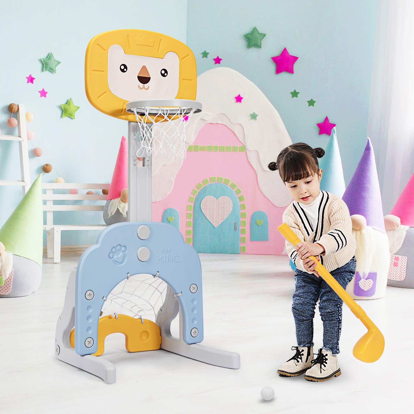 DREAMADE Basketballständer Für Kinder – Höhenverstellbar 160–216 Cm, Indoor & Outdoor, Inkl. Wandmontierbarer Korb