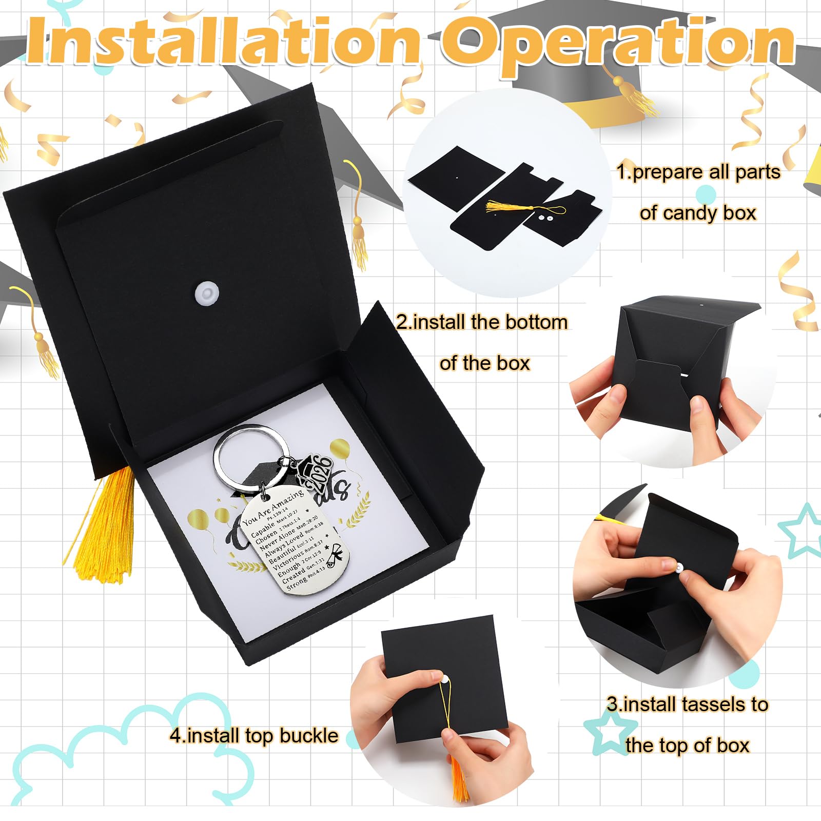 Quelay 12 Sets Graduation Keychain Gift Graduation Christian Keyring with Doctoral Hat Gift Box for Class of 2026 Grad