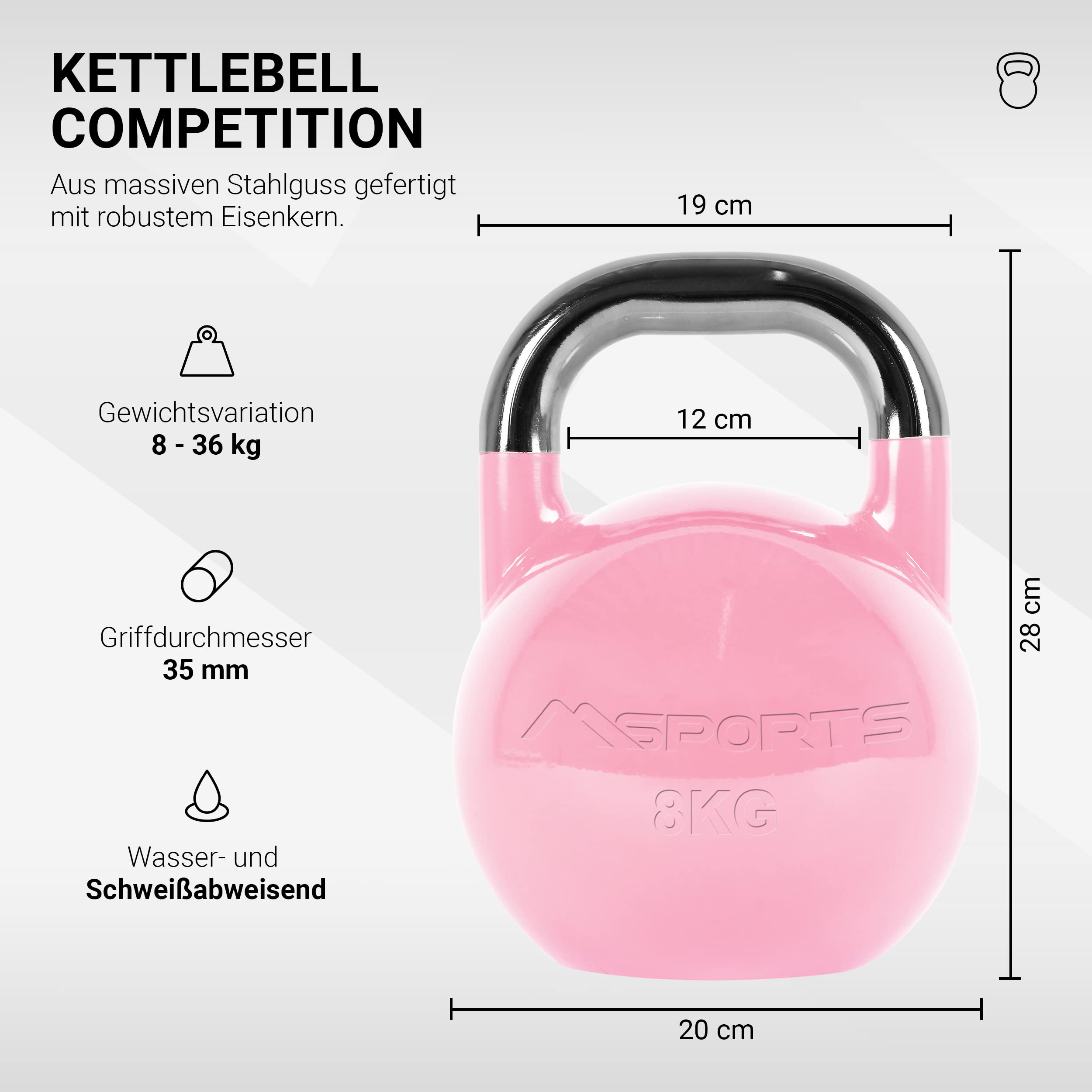 MSPORTS Kettlebell Competition Premium 4-36 kg avec poster d'exercices | Qualité studio professionnelle | Kettlebell de compétition