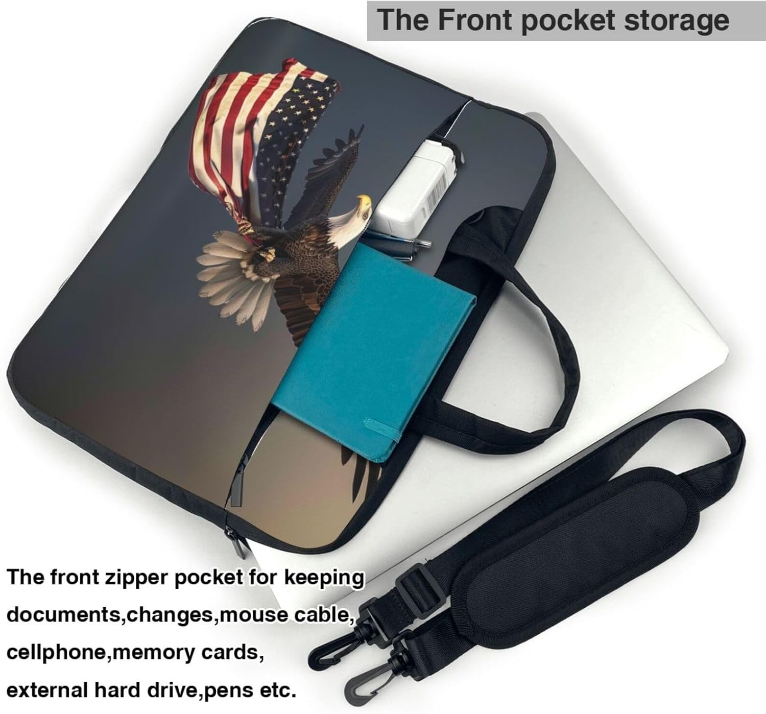 Bald Eagle Flying with US Flag Laptop Bag Three Layer Protection Shockproof Crossbody Laptop Shoulder Bag for Men Women