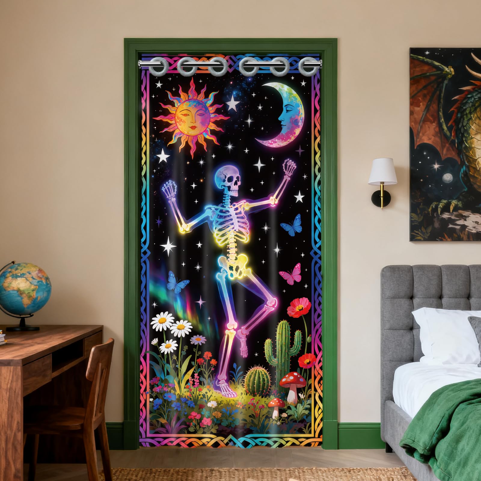 CONCHLERY Colorful Dancing Skull Door Curtain Fluorescent Sun and Moon Doorway Curtain Plants Folding Room Divider Curtains for Home Restaurant Door Decor, 78x39 Inch