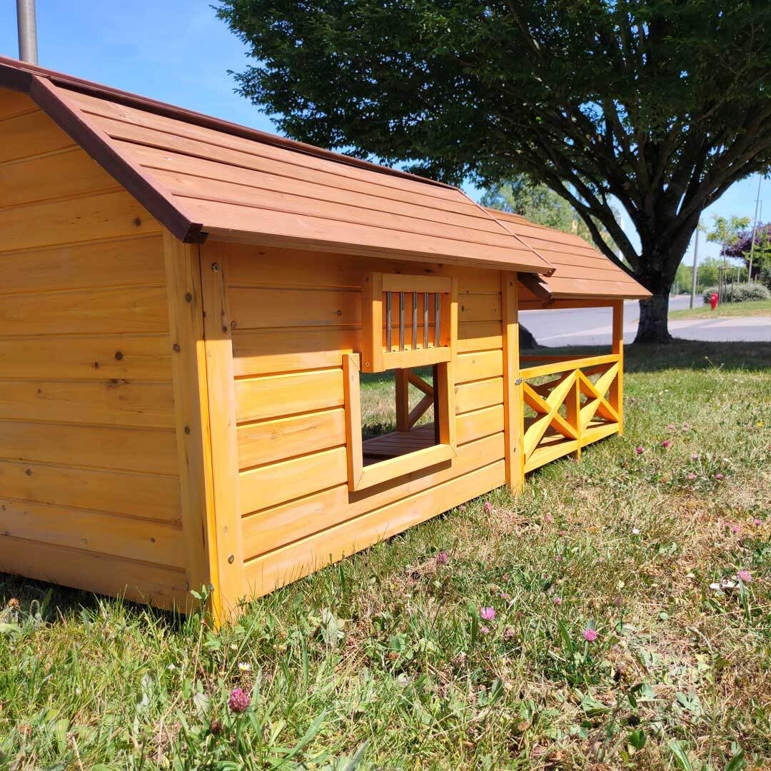 Animal Valley - Nicho para perro Cheyenne con terraza - Madera - L 212 x 99 x 88,5 cm - Talla XL - Beige y Marrón - para perros grandes