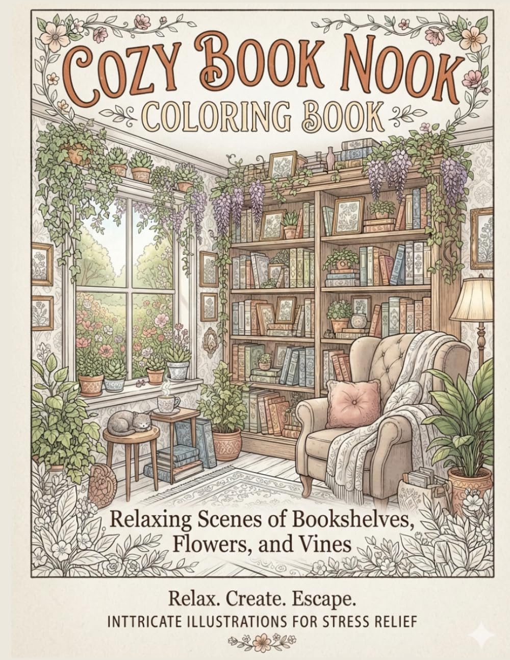 Cozy Book Nook Coloring Book: Relaxing Scenes of Bookshelves, Flowers, and Vines