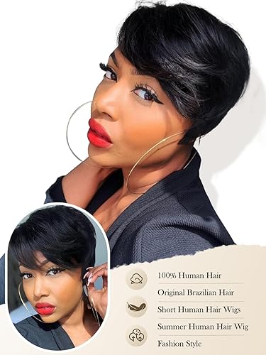 Miniatura 5 de Quantum Love Pelucas de cabello humano con corte Pixie, peluca de cabello humano en capas cortas para mujer, 6 pulgadas, sin pegamento, corte de
