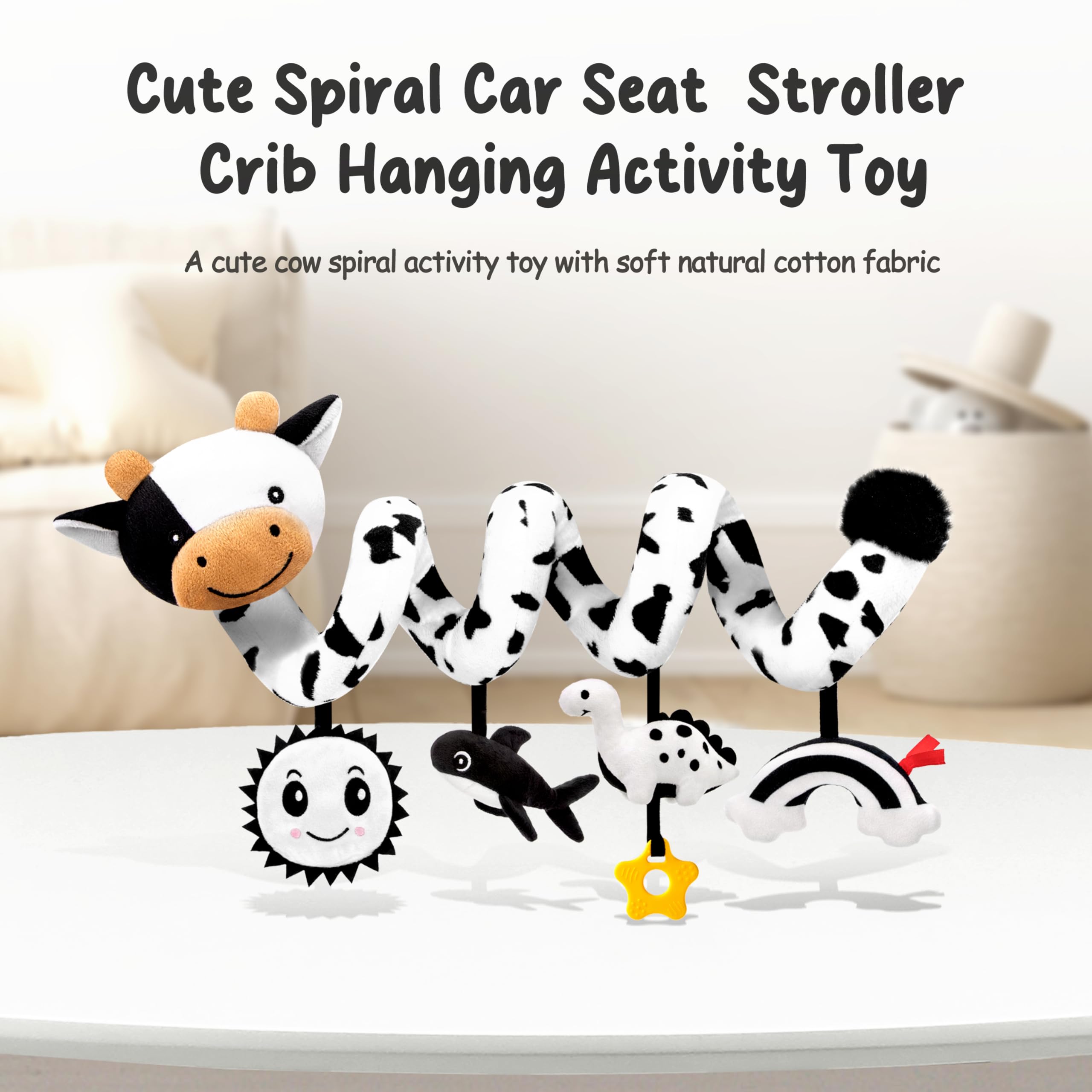 Spiral Car Seat Baby Toys 0-6 Months, Infant Carseat Sensory Toys Hanging Stroller Accessories, Newborn Gifts for Baby Boys Girls Essentials, Cute High Contrast Cow