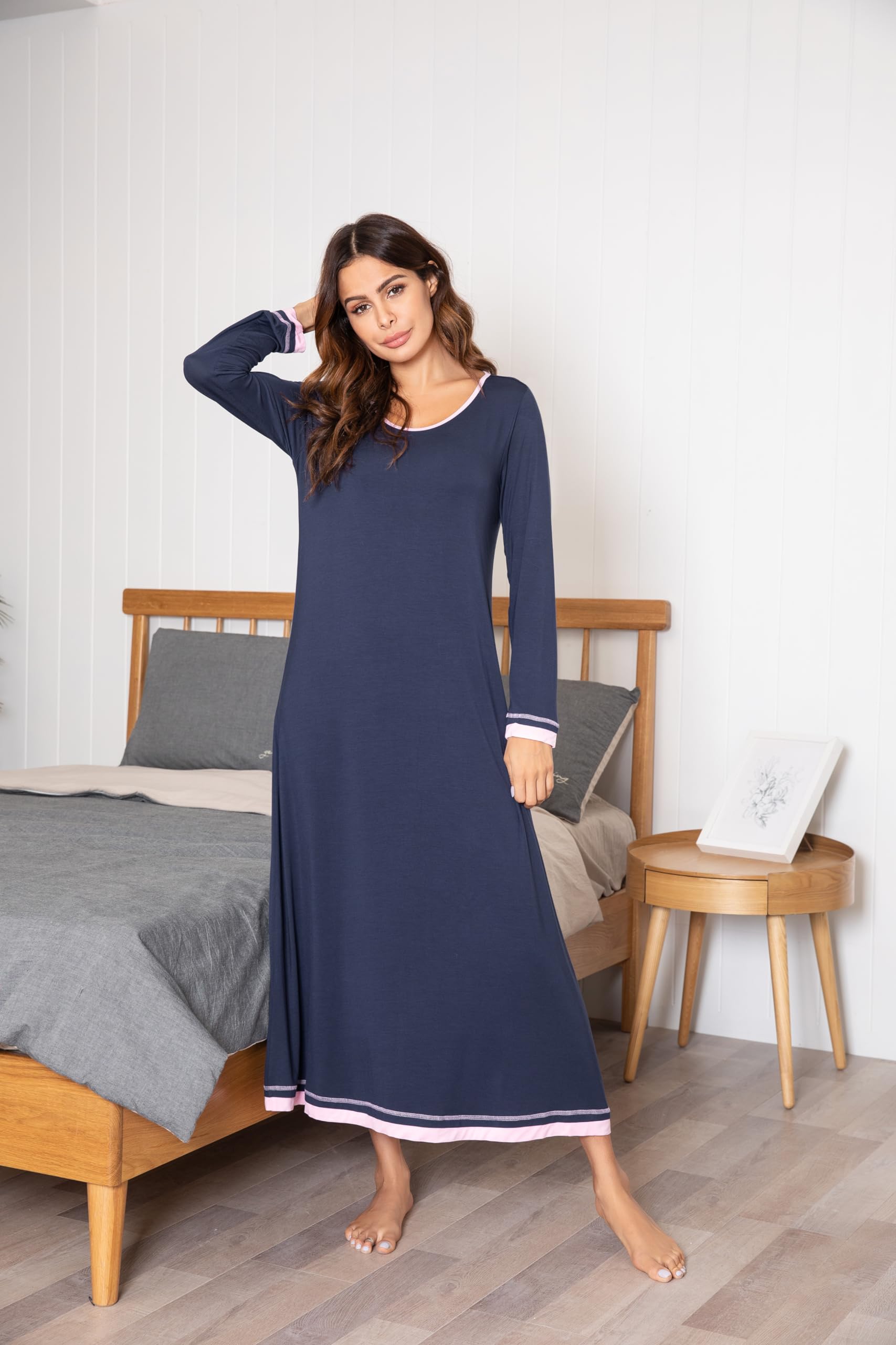 Ekouaer Camicia da Notte Donna Manica Lunga Girocollo Lungo da Notte Invernale Pigiama Comodo Ampio Sexy Camicie Tinta Unita Abbigliamentoda Casa S-XXL