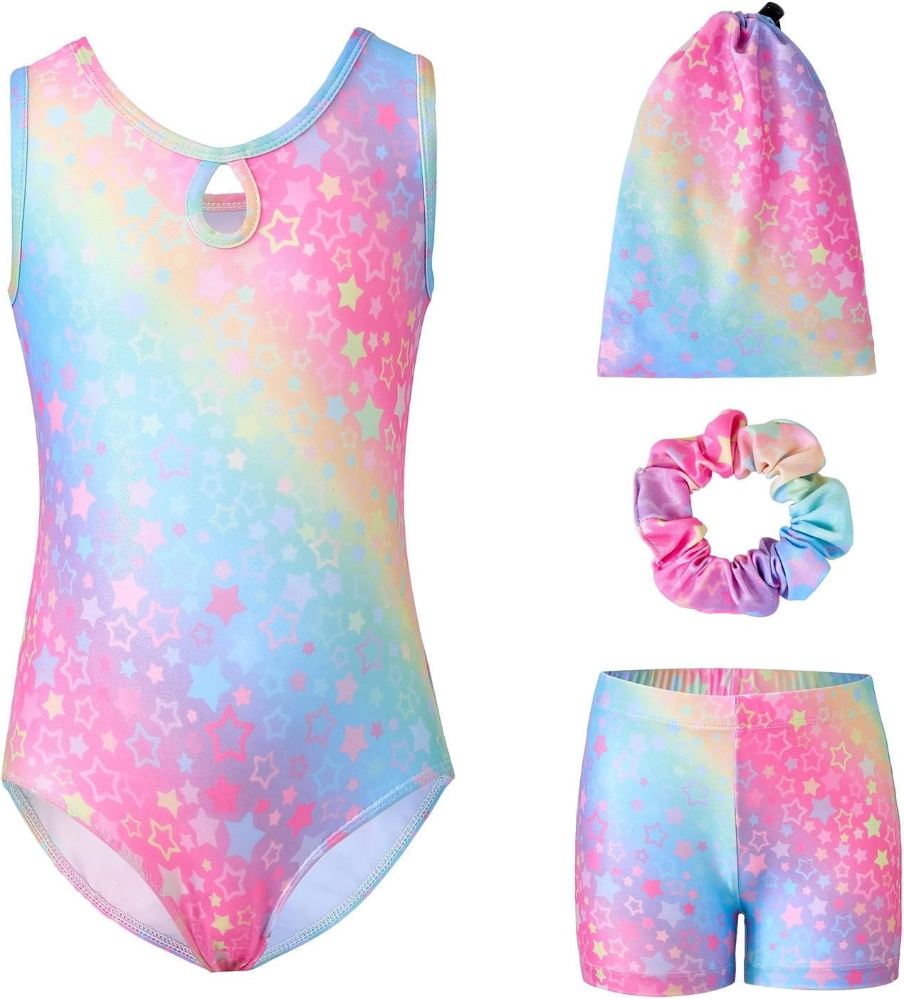 Girls Gymnastics Leotards with Shorts 4-Piece Outfit Storage Bag & Scrunchie for Kids Ages 3-12