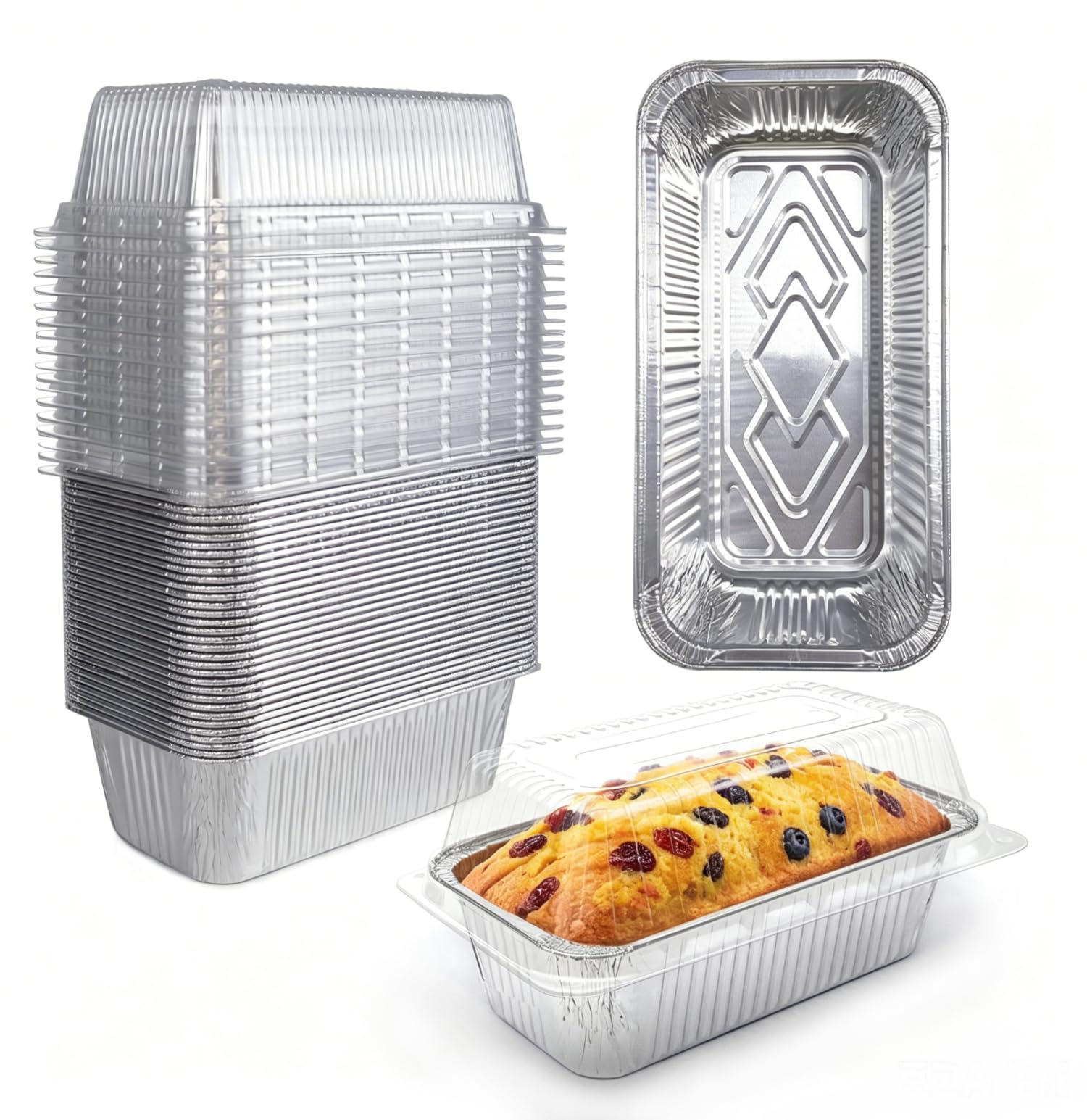Moldes desechables para pan con tapas, juego de utensilios para hornear, 2 libras, paquete de 55, 8.5 x 4.5 pulgadas, sartenes de papel de aluminio resistentes con tapas transparentes, recipiente de