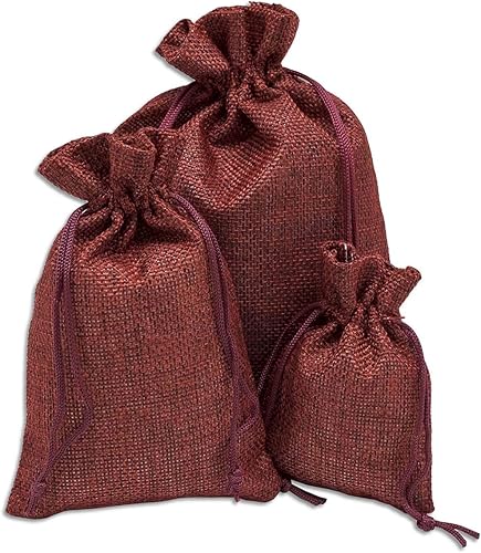 Miniatura 6 de TheDisplayGuys - Paquete de 12 bolsas de regalo de arpillera natural de 3 x 4 con cordón (rojo granate, XS) para recuerdos de fiesta, regalos o