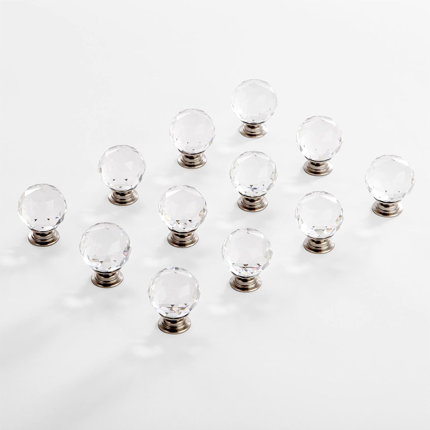 BINO 12-Pack Crystal Cabinet Knobs Drawer Pull Handles - 1.25" Diameter (32mm), Satin Nickel - Dresser Knobs for Dresser Drawers Crystal Knobs and Pulls Handles