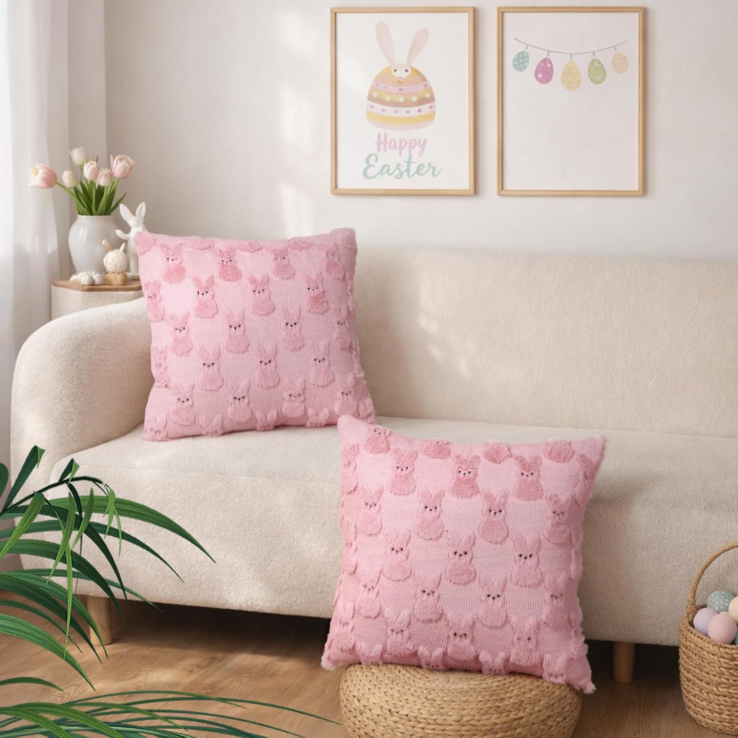Yuubin Easter Bunny Pillow Covers 18x18 Set of 2,Rabbit Soft Plush Faux Fur Pink Spring Throw Pillow Cases for Home Decorations Sofa Bedroom Living Room Couch Bed Decor image 2