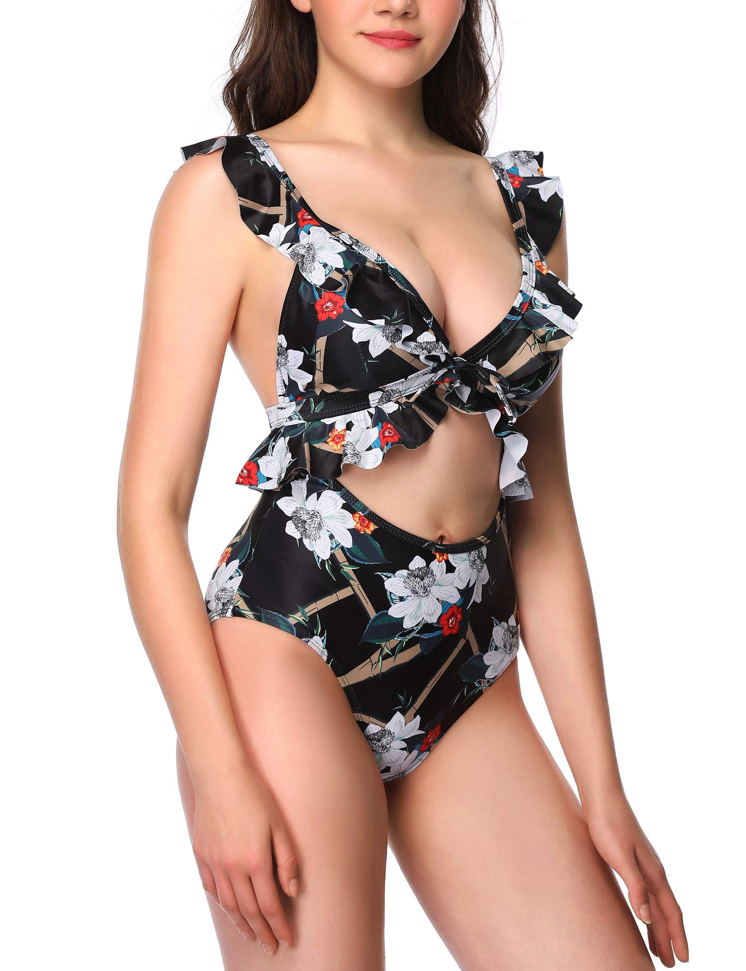 Women Cutout One Piece Swimsuit Flounce Print Swimwear