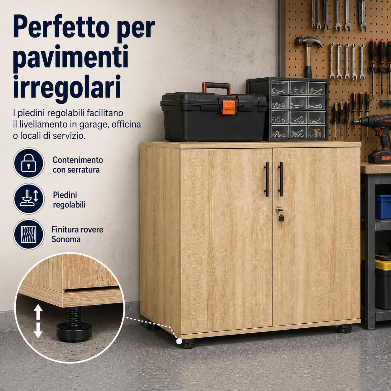 MMT - Armadietto da ufficio in legno di quercia, con ante chiudibili, altezza 75 cm, per mobili da ufficio e garage per riporre attrezzi, armadietti da ufficio sicuri per documenti