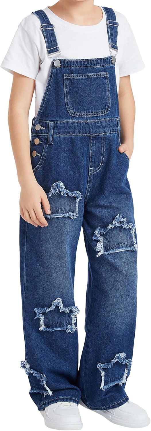 Happy Cherry Boy Girls Denim Overalls Straight Wide Leg Jumpsuit Adjustable Straps Bib Pants Baggy Jean Dungarees 7-12Y