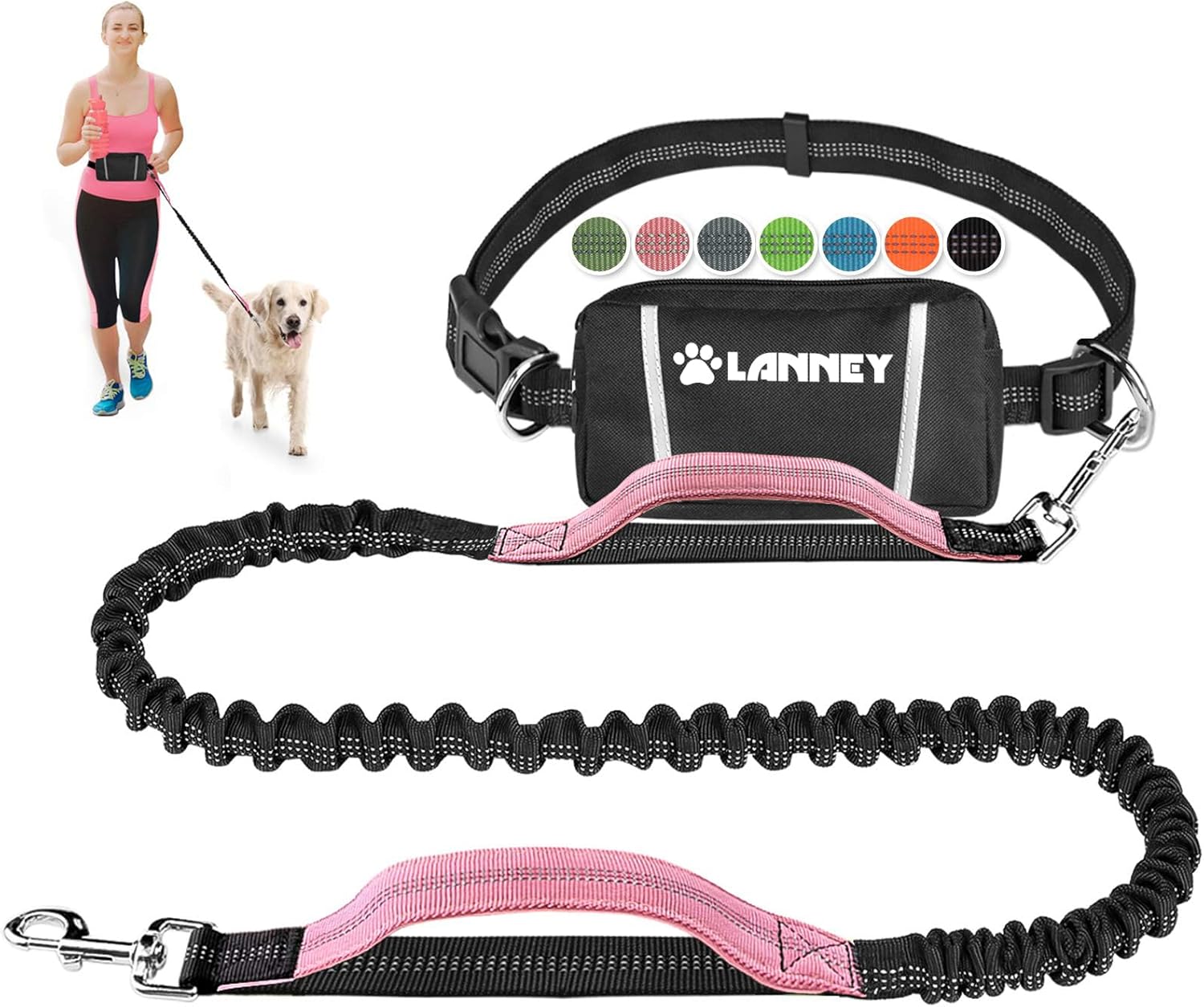 Hands Free Dog Leash Bungee Retractable Dog Running Waist Leash for Running Walking Jogging Training Hiking with Medium to Large Dogs, Adjustable Waist Belt Pouchouch, Reflective Stitches, Dual Handle